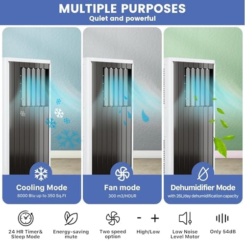 Portable Air Conditioner 8000 BTU, Portable AC Unit with Fast Cooling/Dehumidifier/Fan Modes for Rooms Up to 350 Sq.Ft, 3-1 AC Unit with Remote Control & 24H Timer