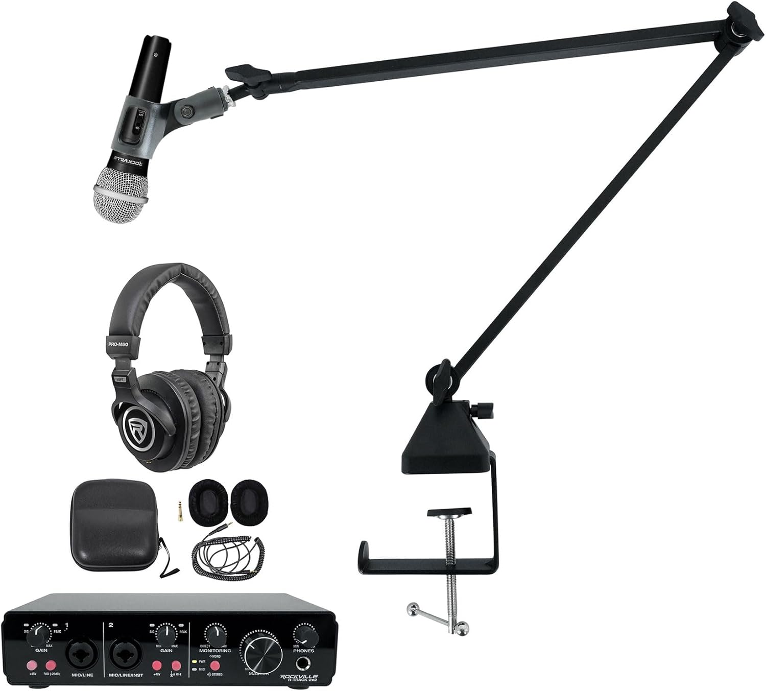Rockville R-TRACK 2x2 Bundle: USB Recording Interface 24-Bit 192kHz with 2 Mic-Pres, RMC-XLR Wired Microphone with 2 Cables, PRO-M50 Studio Headphones, R-BOOM 34 Boom Arm Stand, 4-items