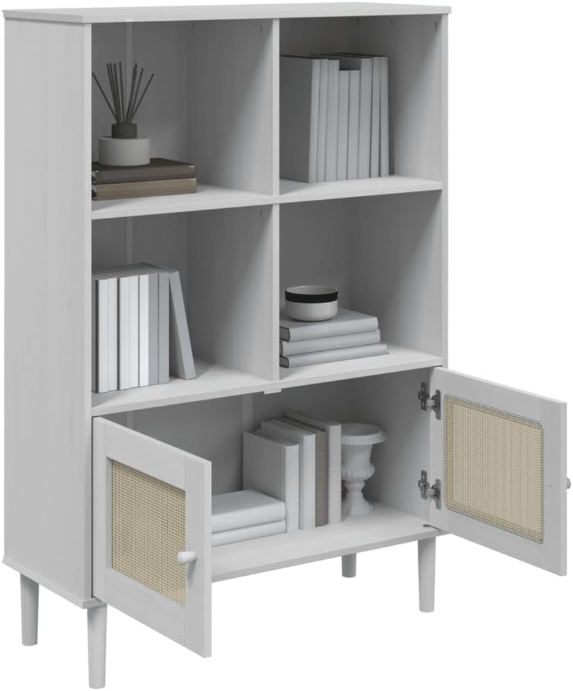 White Solid Pine Wood Bookcase, 35.4x13.8x51.2 in, Bohemian Rattan Look, Adjustable Shelves, Living Room Display Shelf Home Office Furniture