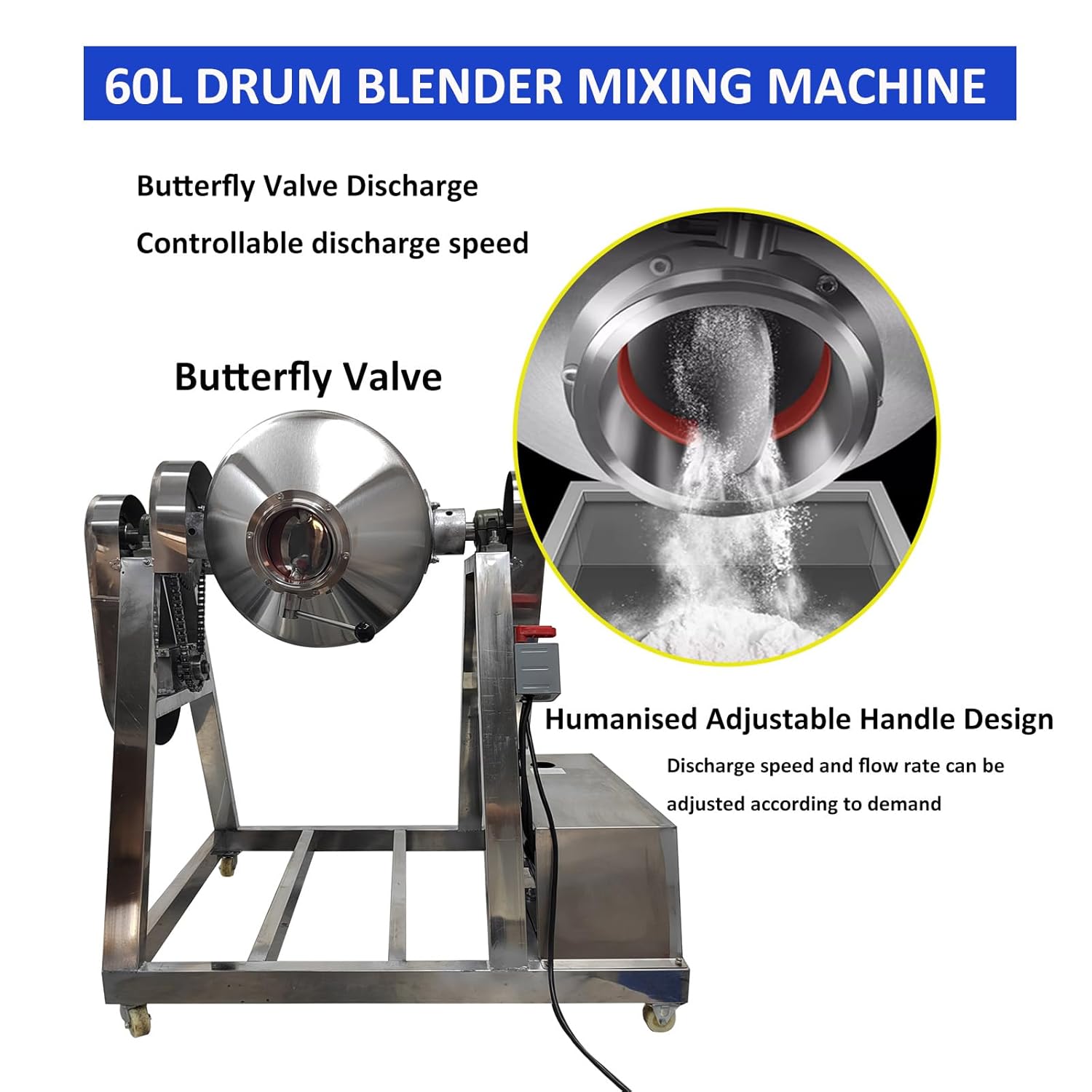 15 Gallon Dry Powder Mixer 360°Rotation 304 Stainless Steel Drum Blender Mixing Machine for Powdery Granular Materials 110 3KW