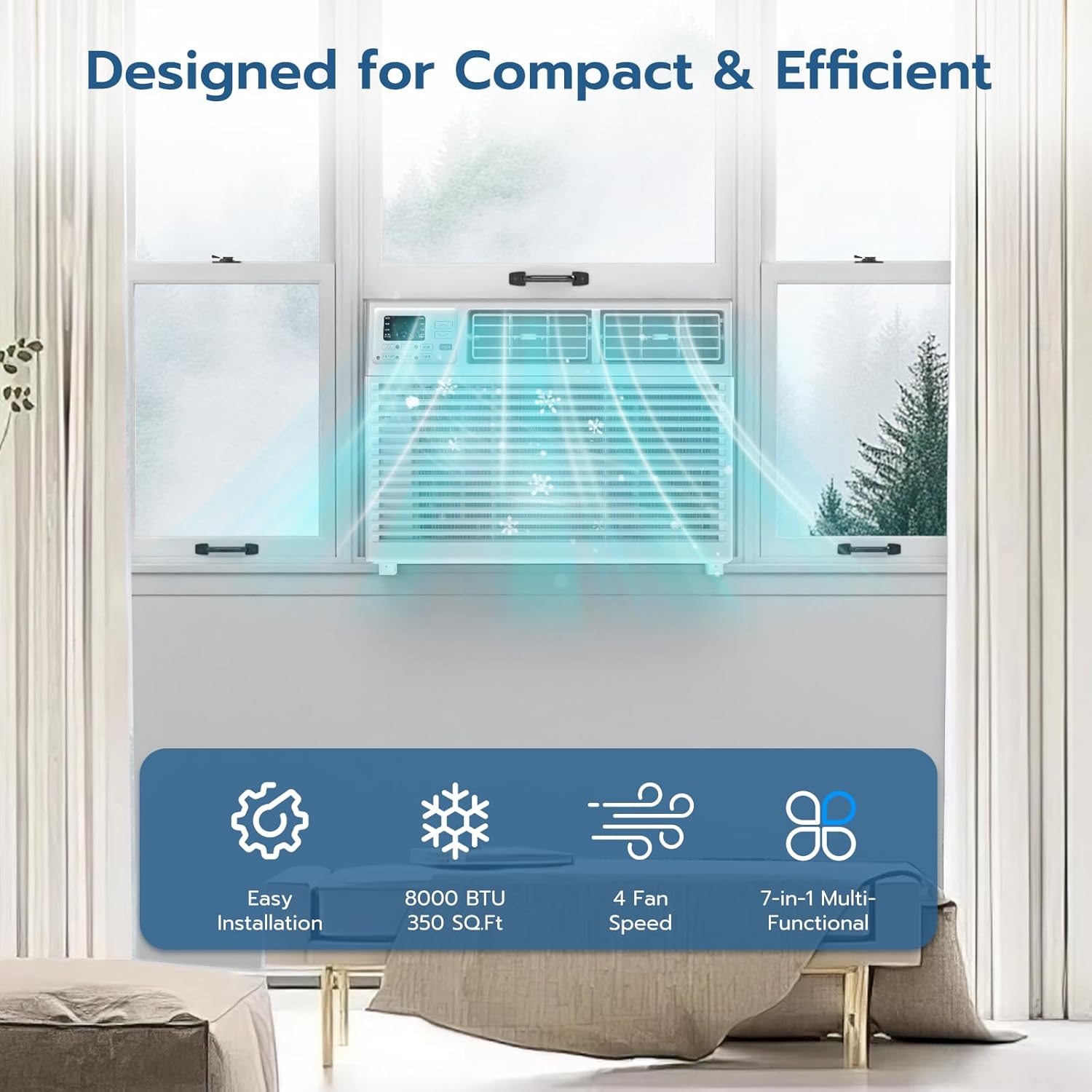 ZAFRO Window Air Conditioners 8000BTU, Cools 350 Sq. Ft,2 Cooling Mode & Fan Speeds,Ultra-Quiet Remote,White