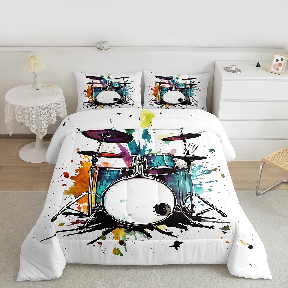 Erosebridal Drum Kit Kids Comforter Sets Rock Music Instrument King Bedding Set for Boys Girls Watercolor Drum Kit Comforter Set,Music Theme Quilt Duvet 3 Pcs
