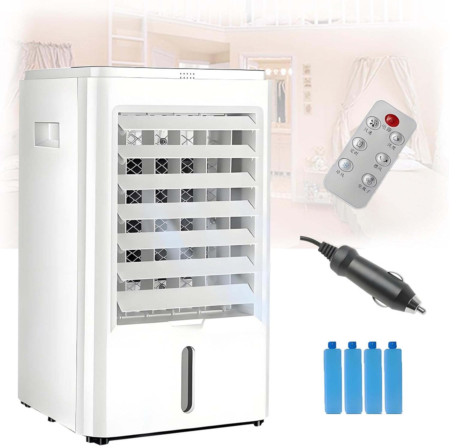 Air Cooler 4-in-1 Portable Air Conditioner Humidifier Cooling Fan Negative Ion Filter Personal Air Conditioning Unit Ac Unit Mini Fan with 3 Wind Speed Timer for Car Home Office 24VHomeCar