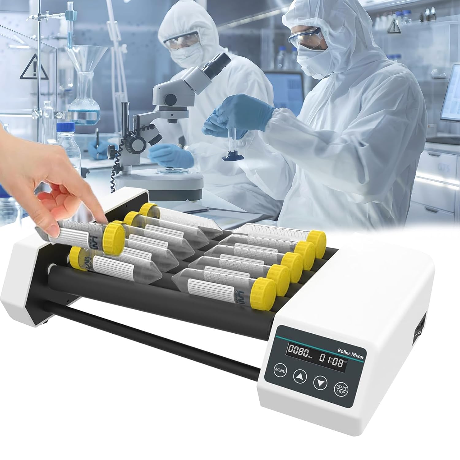 Lab Roller Mixing Machine, Lab Orbital Shaker Mixer(20-80rpm), Drum: 6/8 Rollers(Length:28CM), with Continuous/Timer Mode, High/Low Axis, for 6-34 MM Centrifuge Tubes,8pro