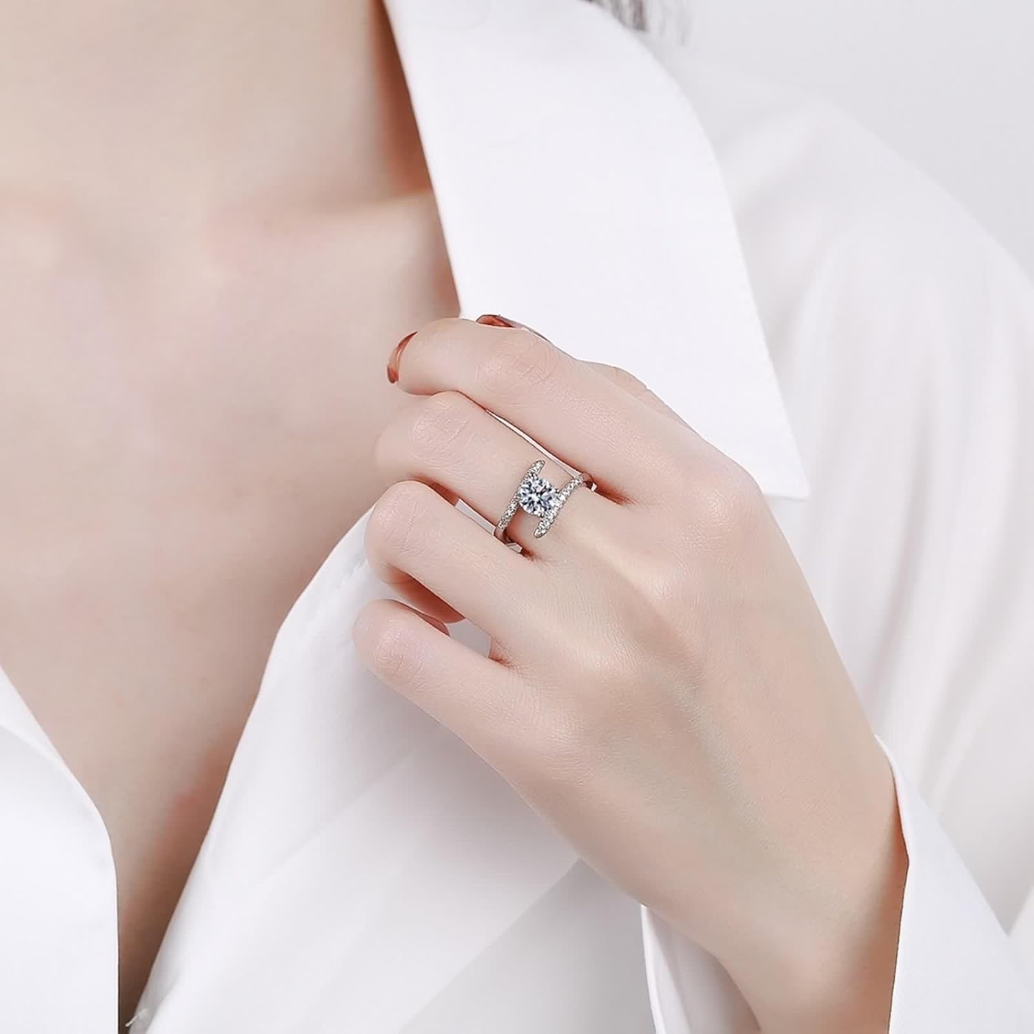 18 Karat White Gold Rings, Women Ring Lab Diamond 4 Prongs Silver Band Birthday Gift for Her