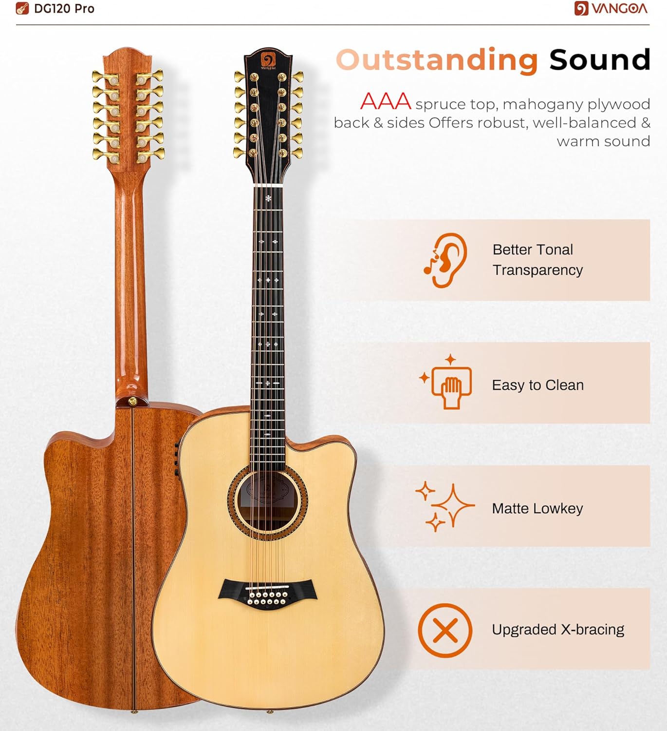 Vangoa Advanced 12 String Guitar, Full Size Twelve String Guitar Acoustic Electric 4 Band EQ Electroacoustic Set for Professional Beginner Adults Intermediate, Spruce Top, Glossy Natural