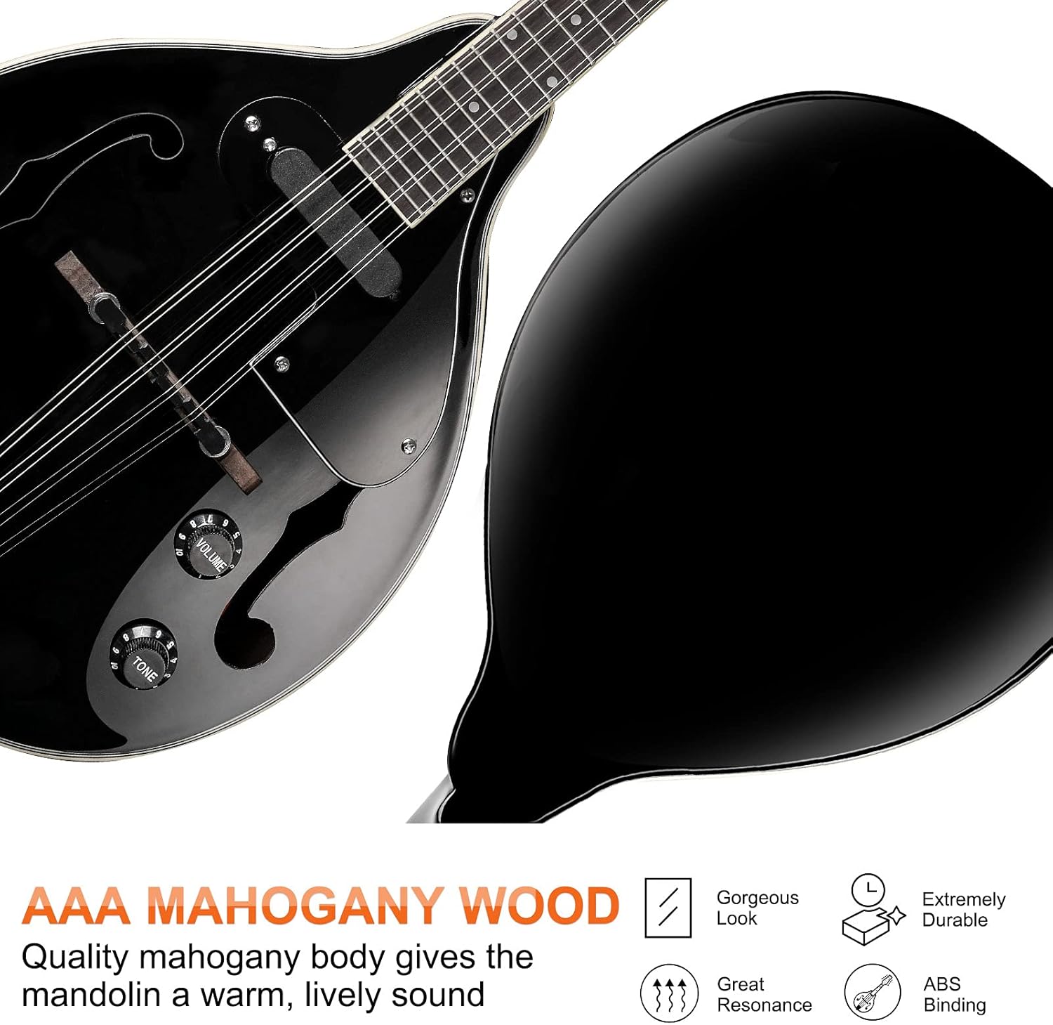 Vangoa Mandolin Instrument Mahogany Acoustic Electric A Style Mandolin Musical Instrument for Beginner Adults Teens Kids, Black
