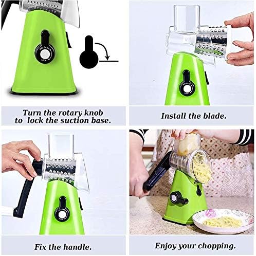 Cheese Grater Vegetable Slicer 3 in 1 - Fruit Cutter Machine Rotating Drum with 3 Stainless Steel Revolving Blades (Green)