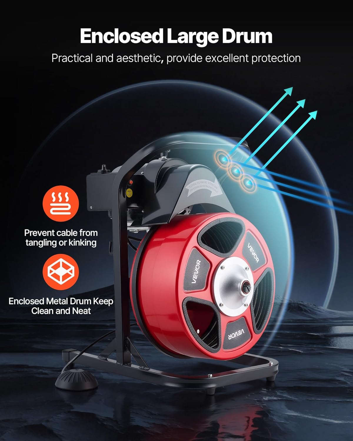 VEVOR Drain Cleaner Machine 50 FT x 1/2 Inch, Manual Feed Sewer Snake Auger with 4 Cutters & Air-Activated Foot Switch for 2