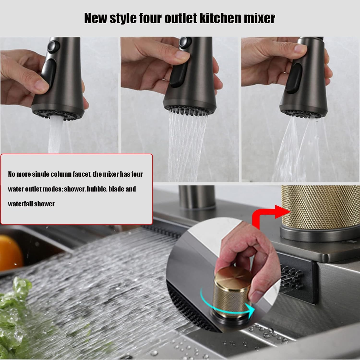 Kitchen Sink Flying rain Waterfall Single Sink with Pull-Out tap, pressurised Cup Washer, Chopping Board and Other Accessories Workstation - Gun Grey, 80 * (