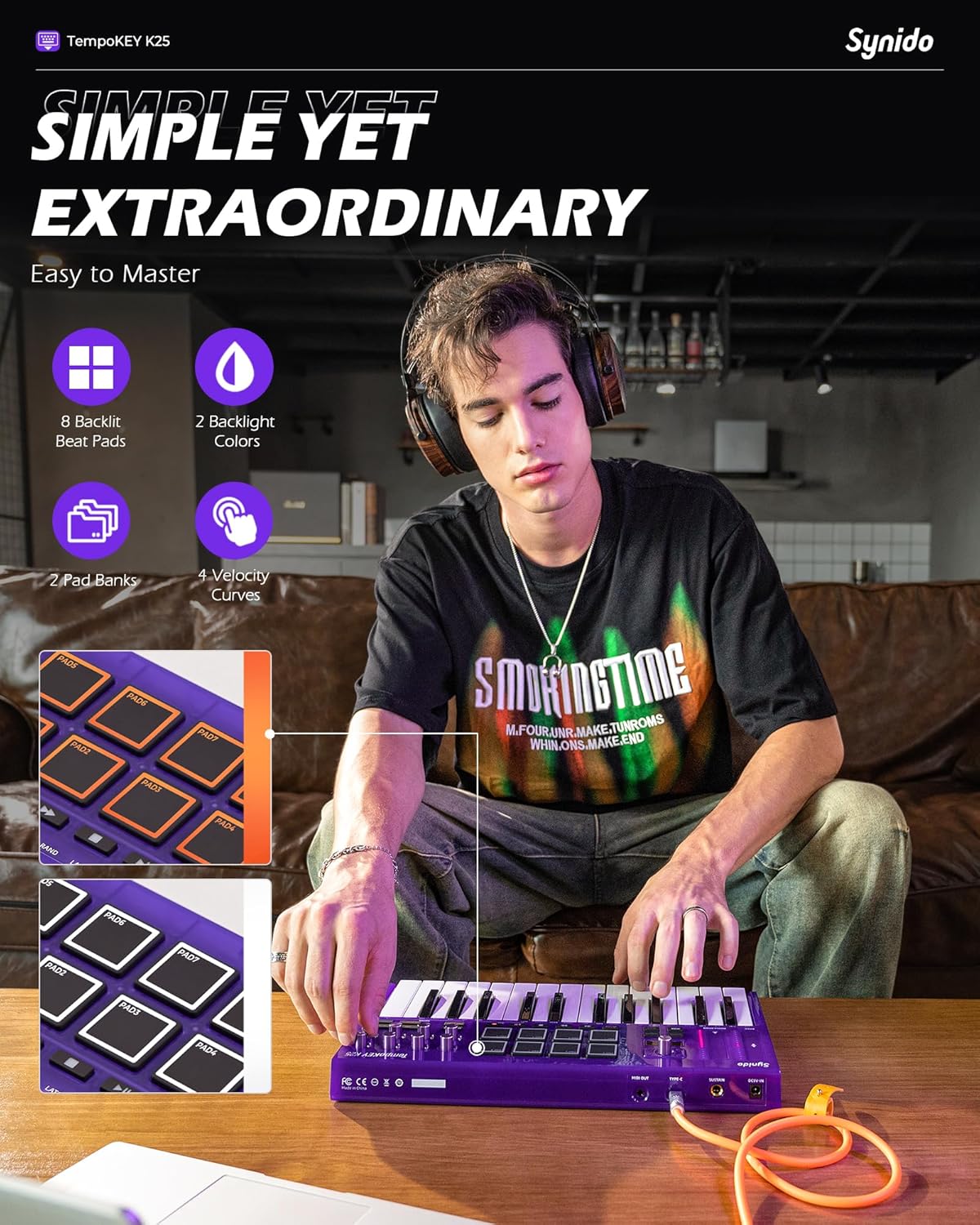 Synido 25 Key USB MIDI Keyboard Controller with Drum Pads and Live Solo USB C Audio Interface for Recording Music, Streaming, Podcasting