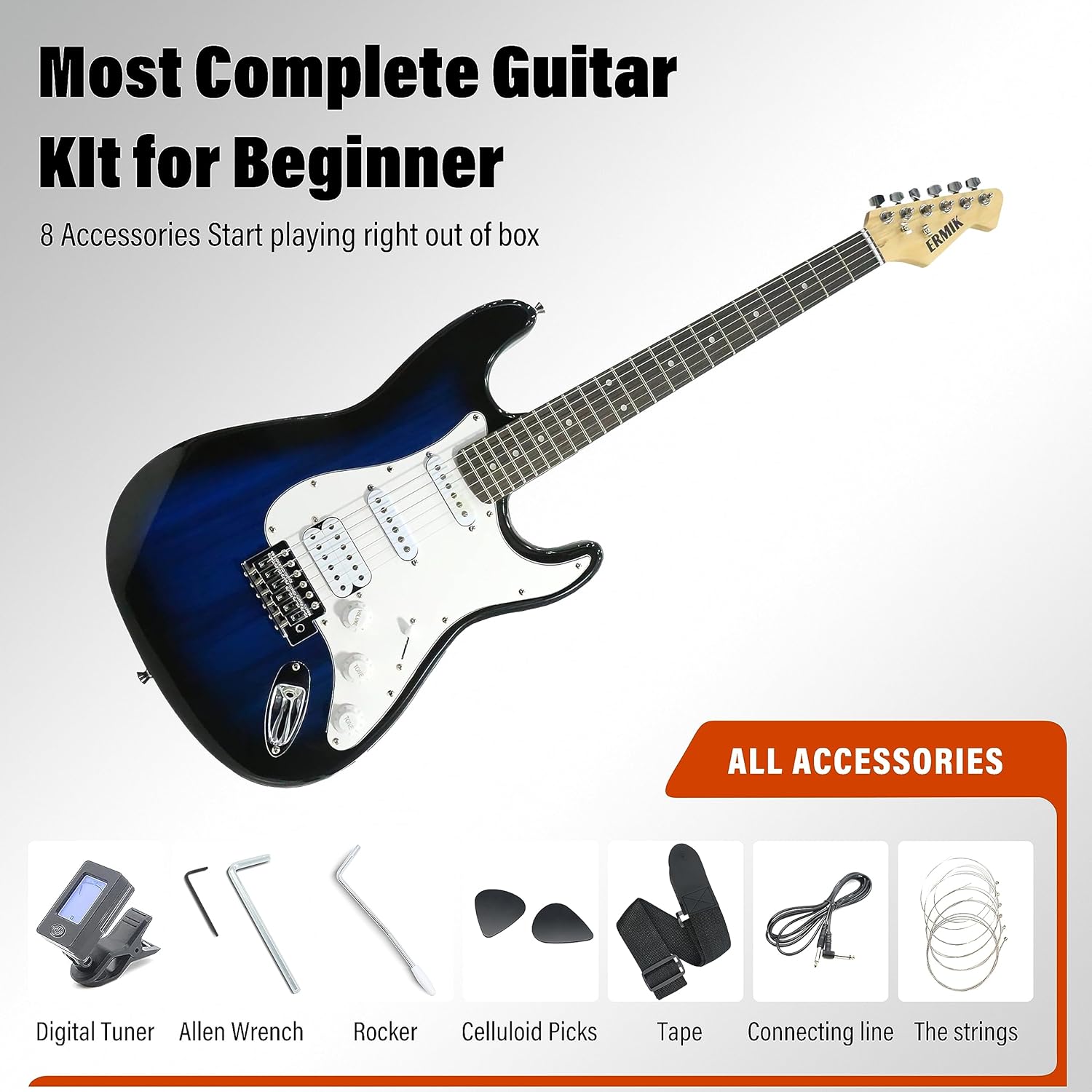 Ermik Soild Body Electric Guitar Kit with Amp 20W, Strings, Strap, Digital Tuner, Picks, Gig Bag, Cable, Tremolo Bar, 39