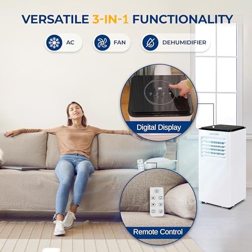 SereneLife 8000 BTU Portable Air Conditioner, 3-in-1 Compact Standing Air Conditioner for Room Up to 350 Sq. Ft., Floor AC Unit with LCD Remote Control, Auto Mode, Low Noise with Wrapped Compressor