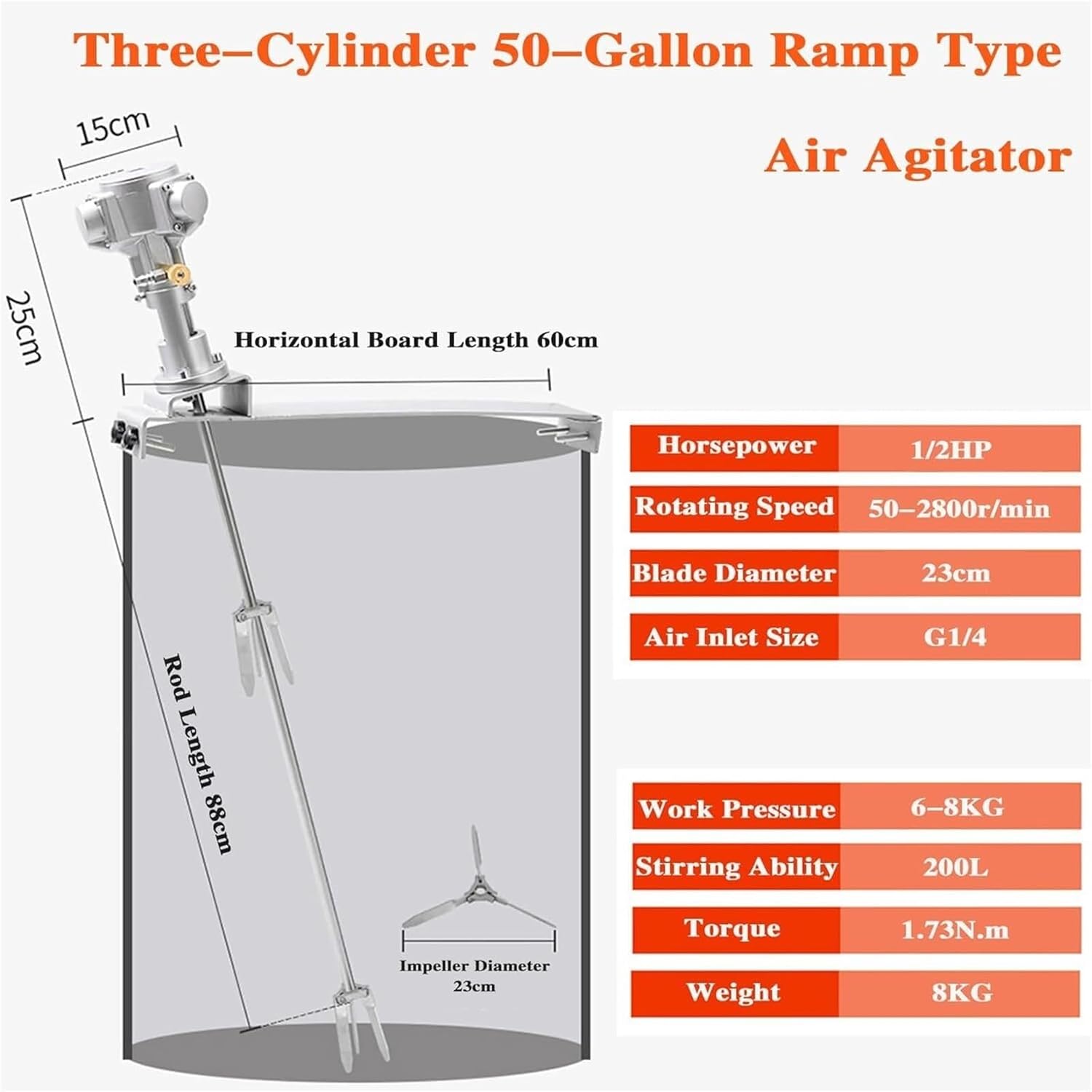 50 Gallon Pneumatic Paint Mixer, 1/2 HP Tank Barrel Air Agitator Stirring Machine, with Support Hanger, Folding Propeller, Paint Mix Tool