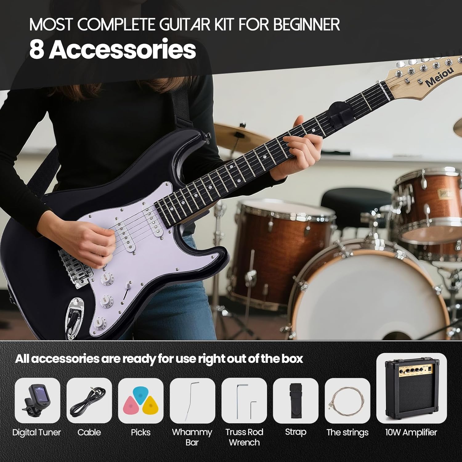 39-Inch Electric Guitar Starter Kit ST Series-Complete starter kit with electric guitar, amp, strap, plectrum, tuner, strings, cable and guitar bag - Suitable for beginners (black)