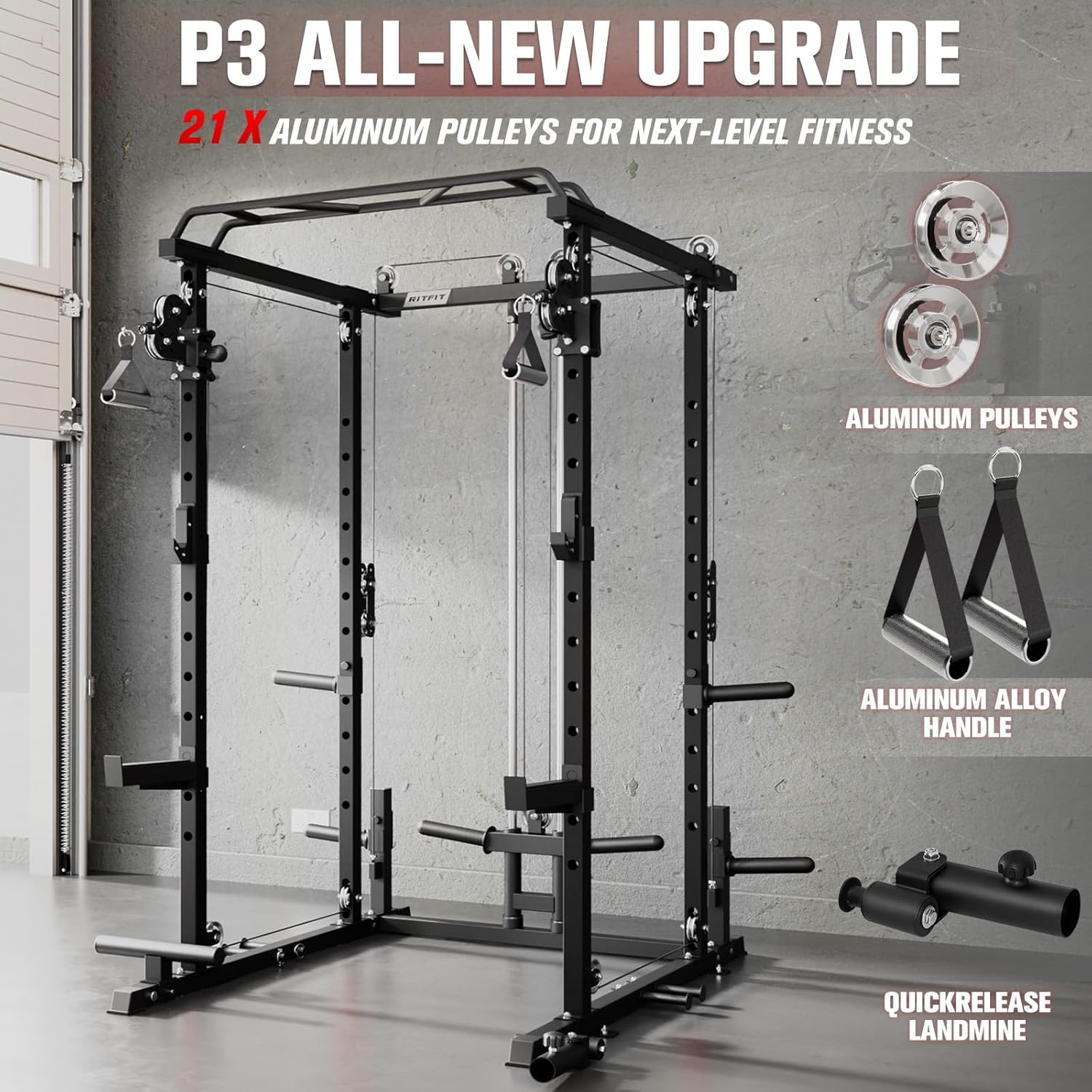 RitFit Multi-Function Squat Rack Power Cage PPC-P3 with Cable Crossover System, 1200LBS Capacity Power Rack and Packages with Optional Weight Bench, Barbell Weight Set, for Garage Workout & Home Gym
