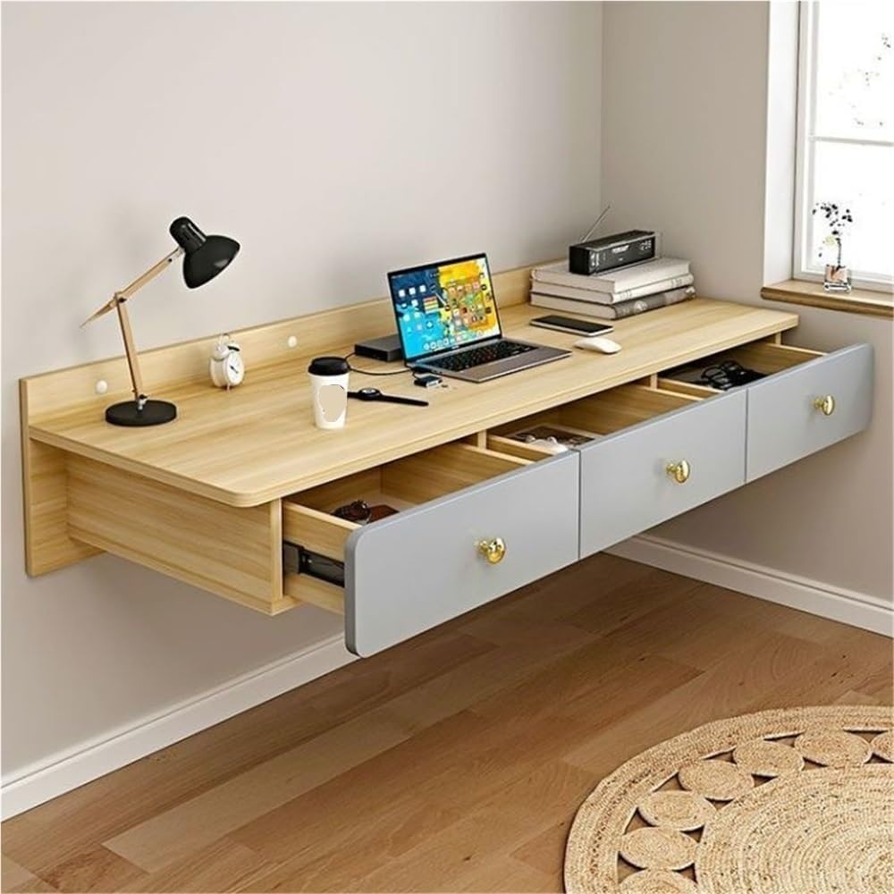 Floating Wall-Mounted Office Table with Two Drawers, Wooden Laptop Desk Shelf for Bedroom Living Room and Study, Modern Floating Vanity Workstation(White Gray)