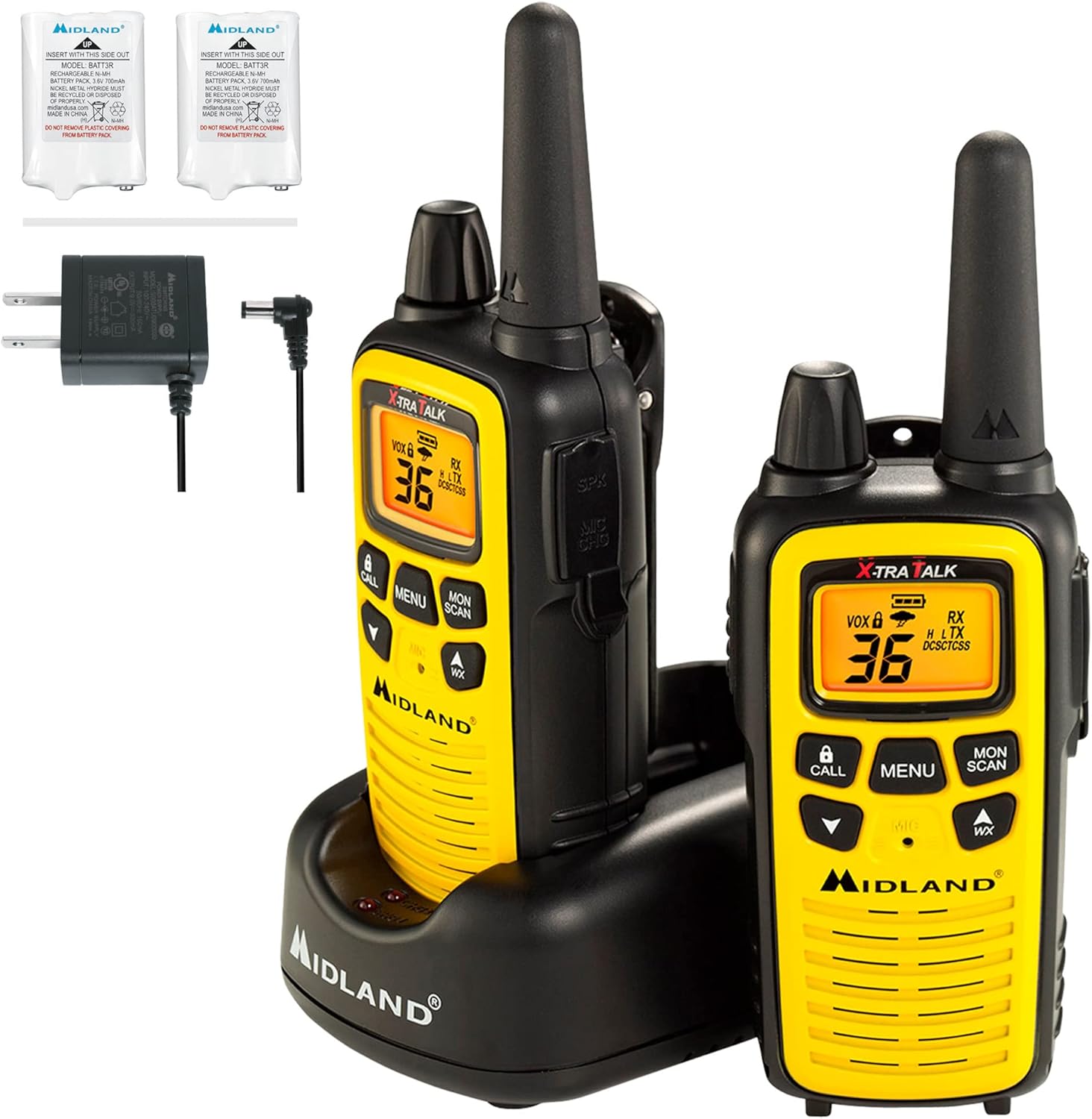 Midland - LXT600VP3 Long Range Walkie Talkie - FRS Two-Way Small Business Radio Rechargeable Portable- UTV Accessories with NOAA Weather Scan + Alert, and 36 Channels (Yellow/Black, 2 Radios)