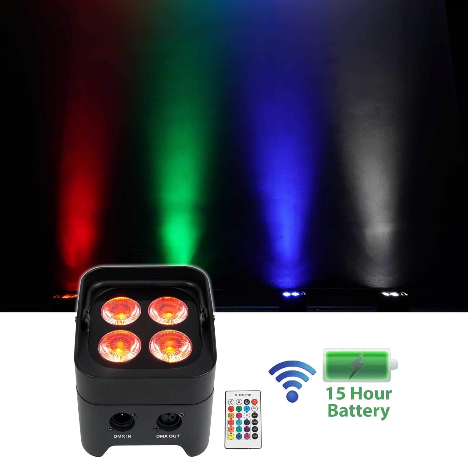 Rockville Best PAR 50 Bundle: (4) Rechargeable Par Can Wash Lights, Wireless DMX, RGBWA, UV, ROCKFORCE W4 384 Channel Wireless DMX Lighting Controller with MIDI, 5-Items