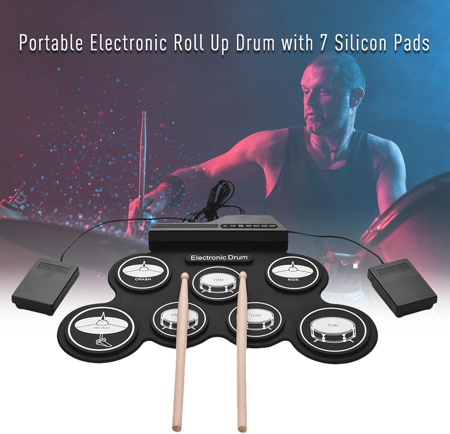 Portable Drum Pad Machine with Pedal Controlled Cymbals, a USB Electronic Drum Pad with Dual Output for Headphones and Speakers for Hand Foot Coordination