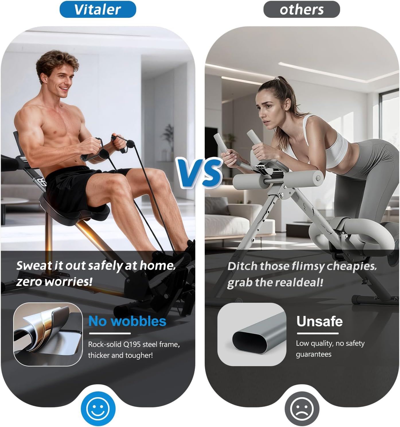 Ab Machine,Rowing Machines for Home,Vitaler 5 in 1 Adjustable Home Gym Equipment with Counter,Quiet & Foldable Best Ab Machine for Home