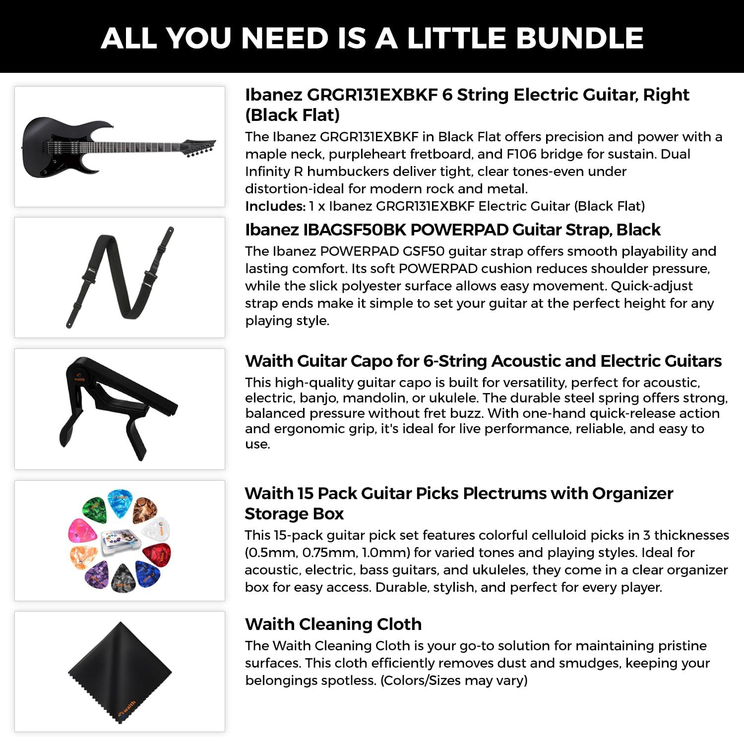 Ibanez 6-String Solid-Body Electric Guitar (Black Flat) - Full Right Handed Bass with GSF50 Powerpad Strap, String Capo, 15 Pack Guitar Picks with Storage Box & Microfiber Cleaning Cloth (Bundle Set)