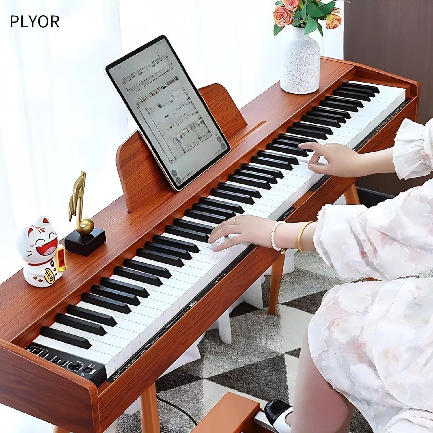 PLYOR 88 Keys Digital Piano Semi Weighted Keyboard, Wooden Desk Electric Piano Transforms Between Desk and Vanity, Home Piano for Beginner Music Learner, Brown (BrownColor)