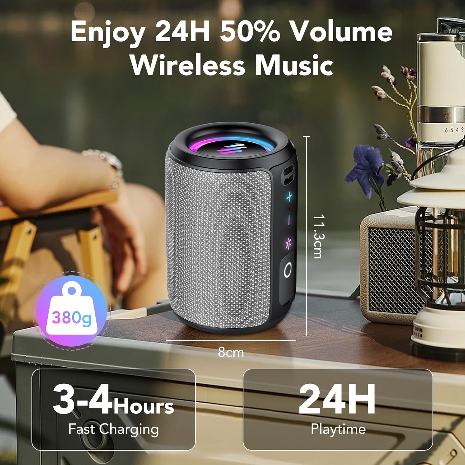Portable Bluetooth Speaker with Lights, Bluetooth 5.4 Speaker, Powerful Crystal Clear Sound,All Day Playtime,15W Loud Stereo Sound, IPX7 Waterproof,TWS pairing for Outdoor/Home/Party/Travel,Gray