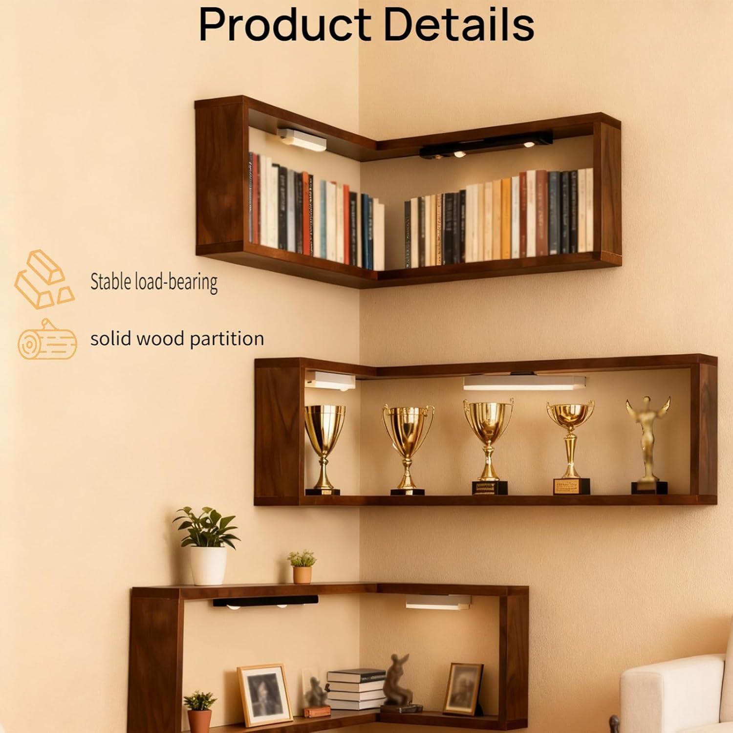 Amacthysh Corner Shelves L-Shaped Wall-Mounted Corner Shelf Display Rack Wood Color Corner Floating Storage Shelves for Books Decor Plants,3pcs