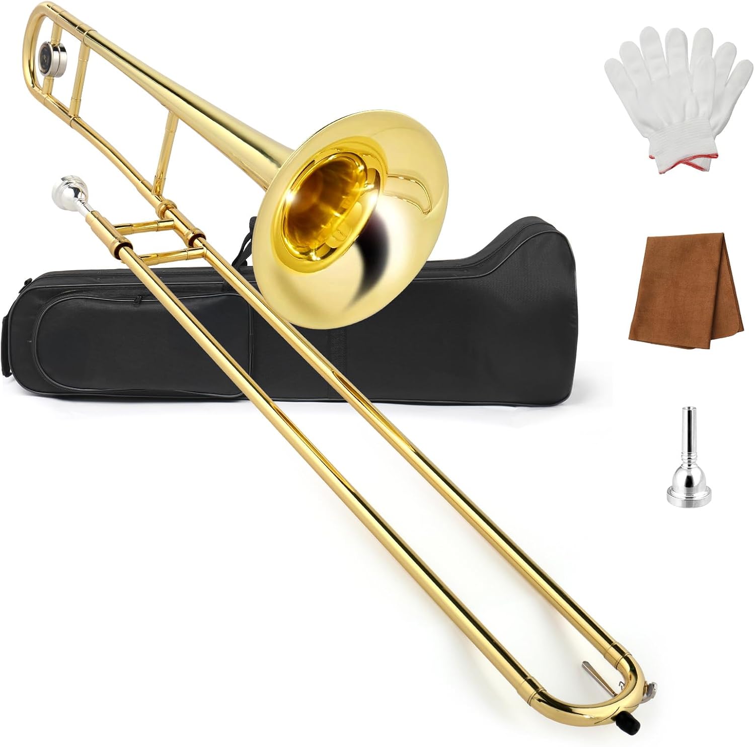 Ktaxon B Flat Tenor Trombone with Mouthpiece, Brass Slide Bb Trombones for Beginners, Portable Instrument Includes Cleaning Cloth, Gloves and Trombone Case (Golden)