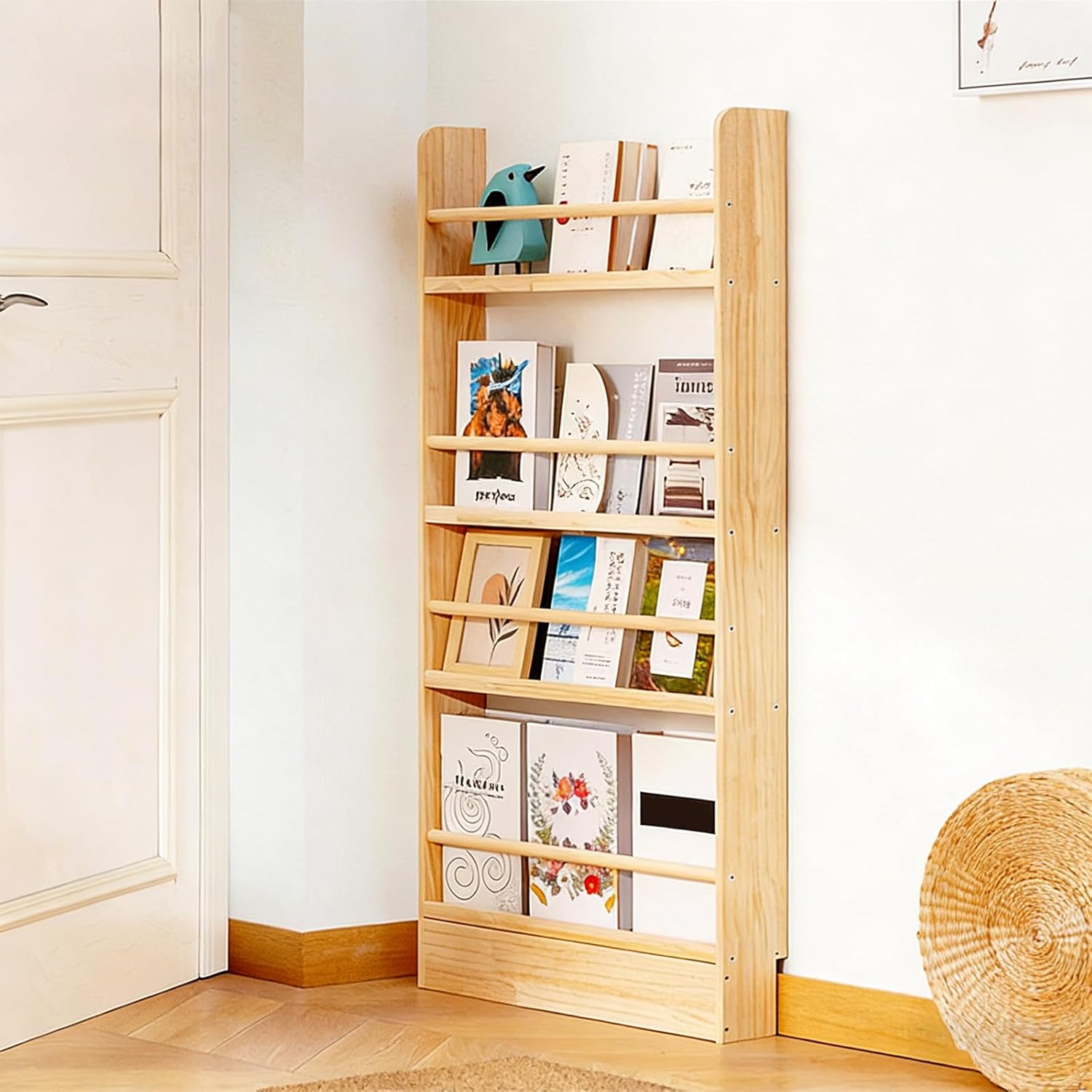 Behind The Door Bookshelf, Solid Wood Bookcases, Open Display Shelves, Space-Saving Organizer, Wall Mount Shelf, for Books in Bedroom, Living Room Natural Wood Color 4F-70cm
