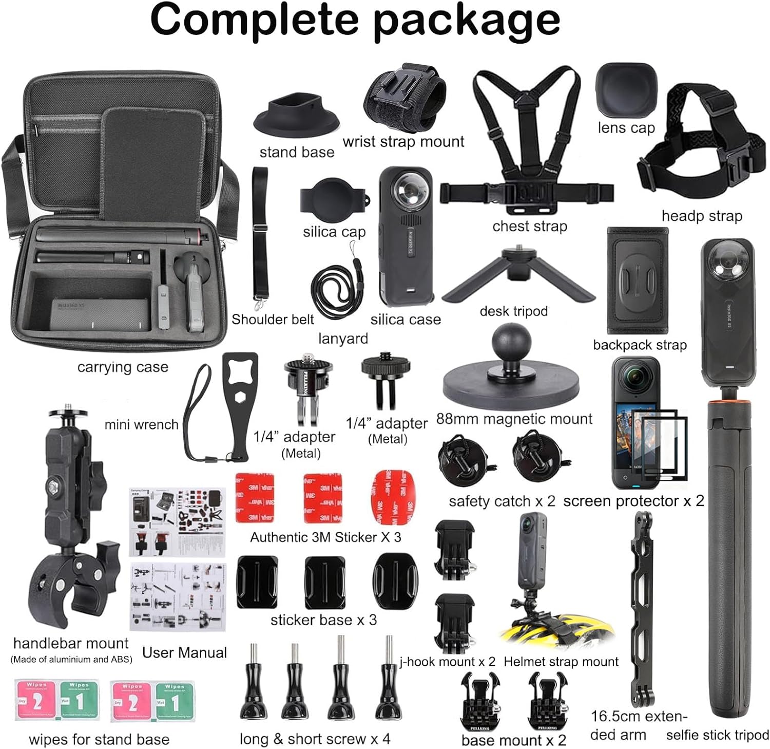 PellKing Accessories Kit for Insta360 X5,Included Carrying Case with Belt,135cm Selfie Stick Tripod,Aluminium Handlebar Clamp.2 Pcs Metal 1/4