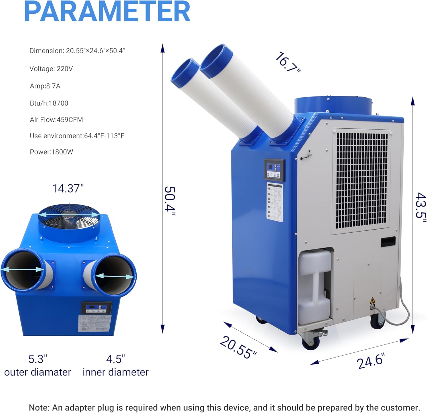 Industrial Air Conditioner 18700BTU/H Industrial Spot Cooler Air Conditioner with 3.7Gal Water Tank Portable Mobile Spot Cooler Double Ducts 1.8KW 220V
