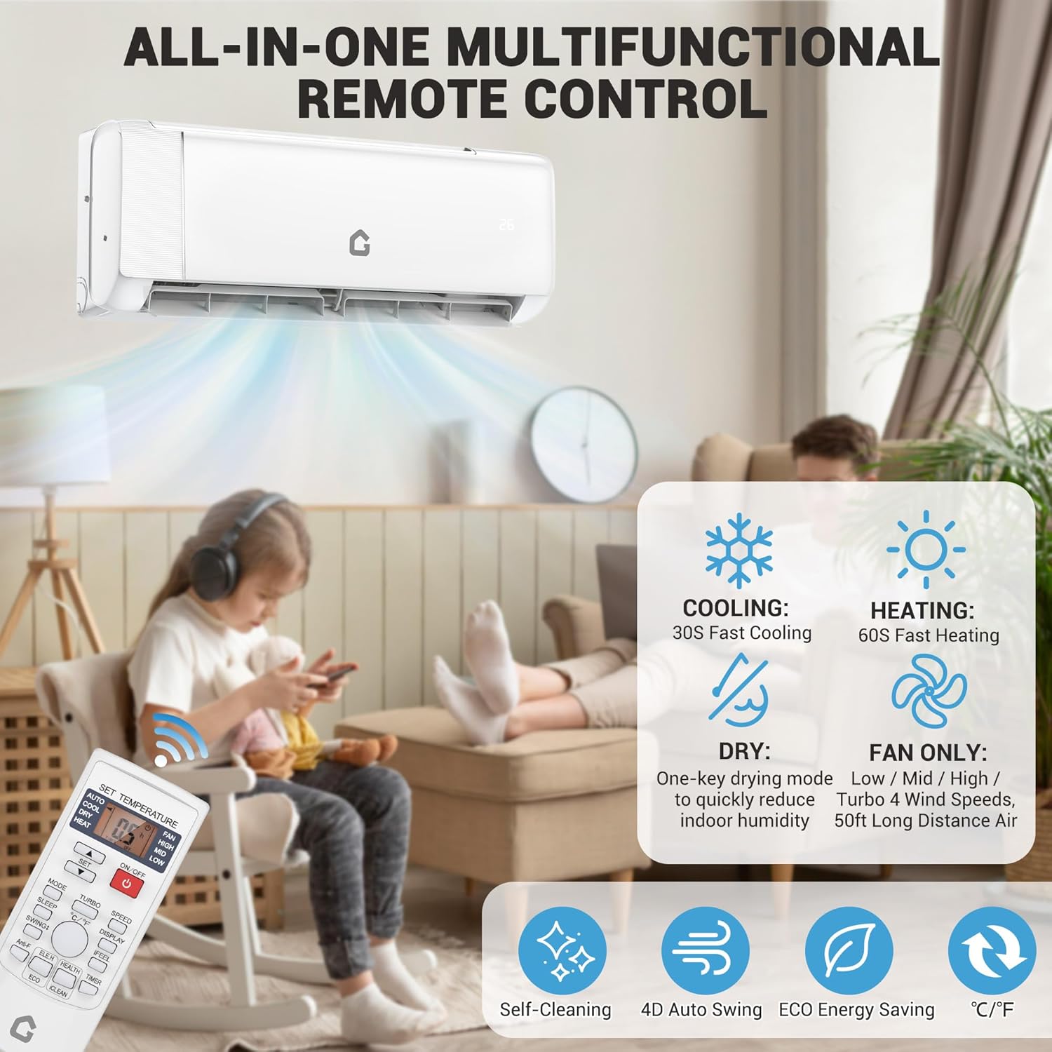 12000 BTU Mini Split Air Conditioner,22 SEER2 Mini Split AC,Cooling/Heating up to 750 Sq.Ft,Smart Ductless Inverter System,WiFi Control,Energy Efficient,ECO Mode,Self-Clean,Include Installation Kit