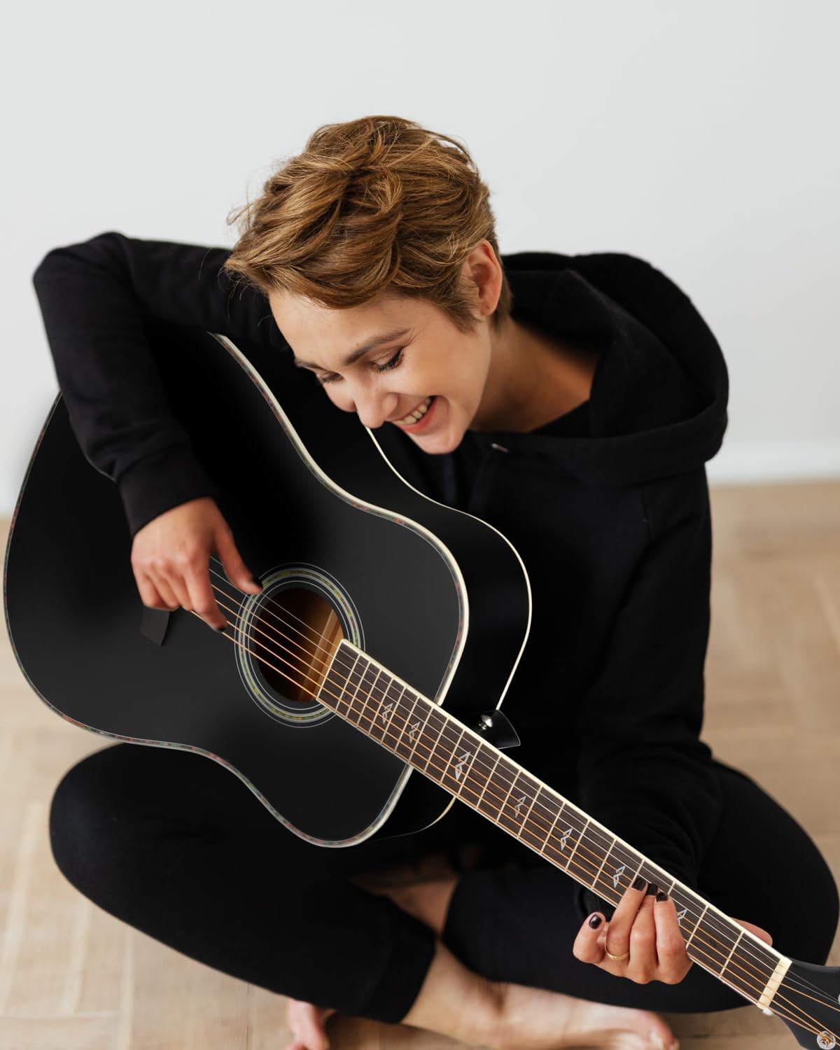 Winzz Acoustic Guitars Full Size, 4/4 Folk Guitar for Beginners Adults, Acoustic Steel-string Guitar Black (41 Inches）