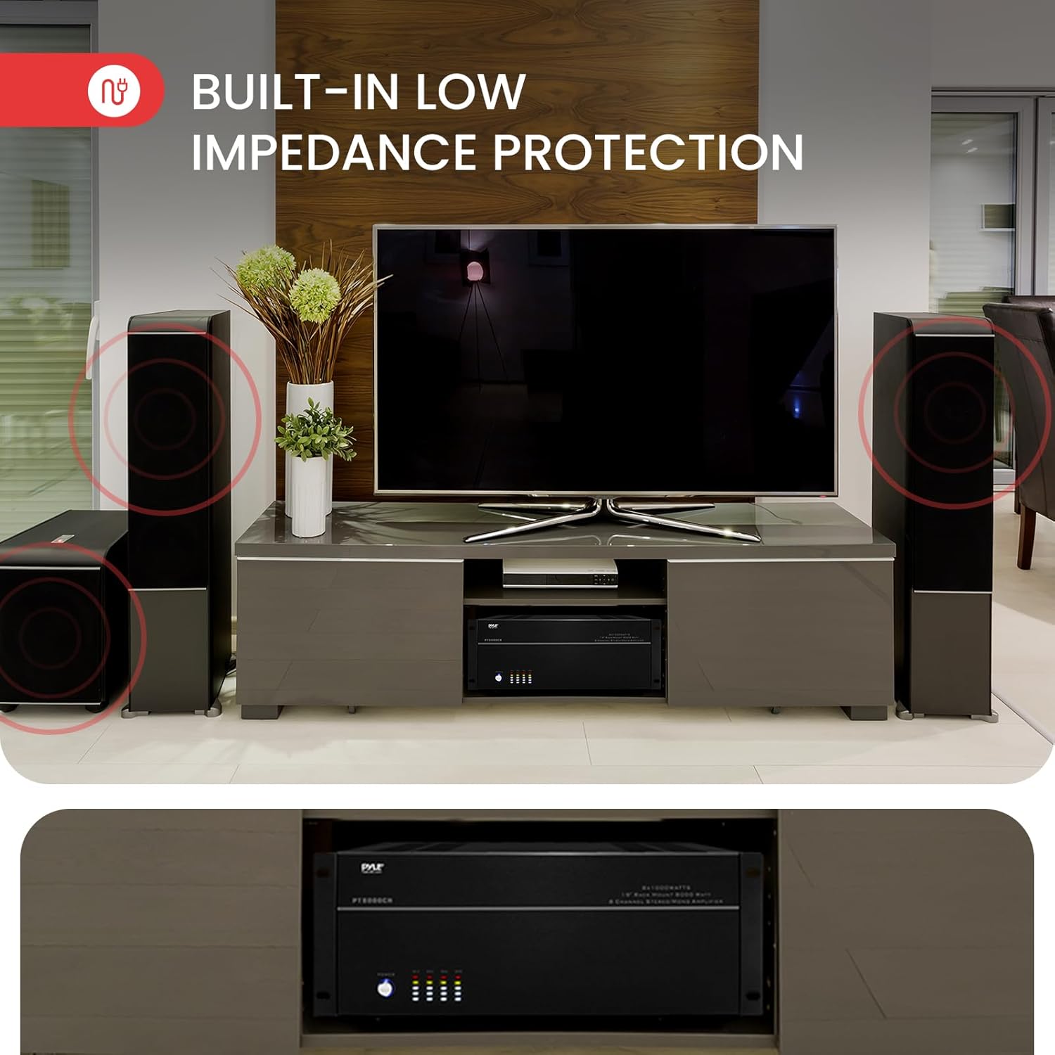 Pyle 4 Multi-Zone Stereo Amplifier - 19” Rack Mount, Powerful 8000 Watts with Speaker Selector Volume Control & LED Audio Level Display, 4-Ch. Bridgeable Switches - PT8000CH