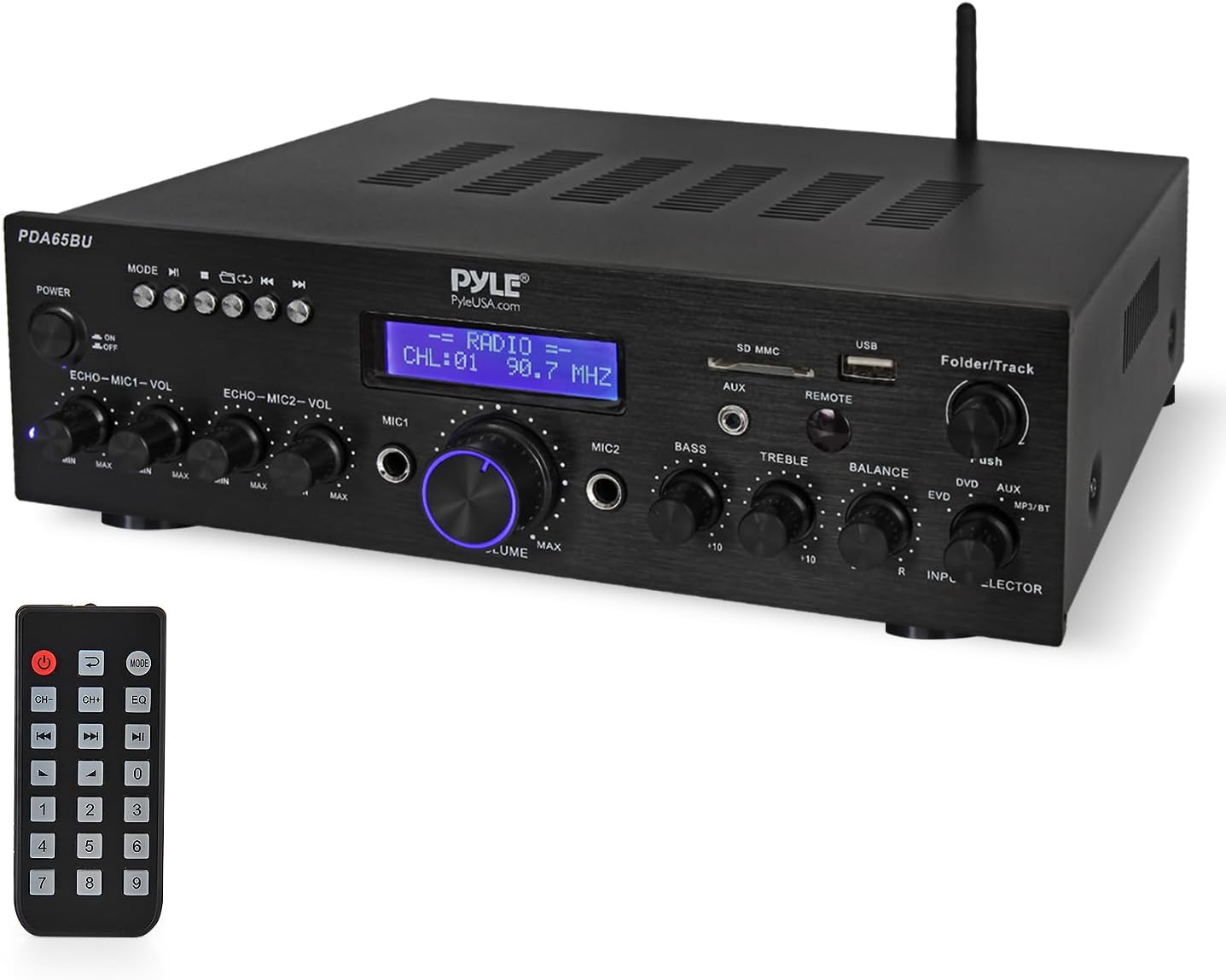 Pyle 200W Wireless Bluetooth Power Amplifier - Dual Channel Stereo Receiver with USB Flash Reader - SD Card - AUX - MIC IN w/ Echo - Radio - Home Theater - Studio Use - RCA Output - PDA65BU