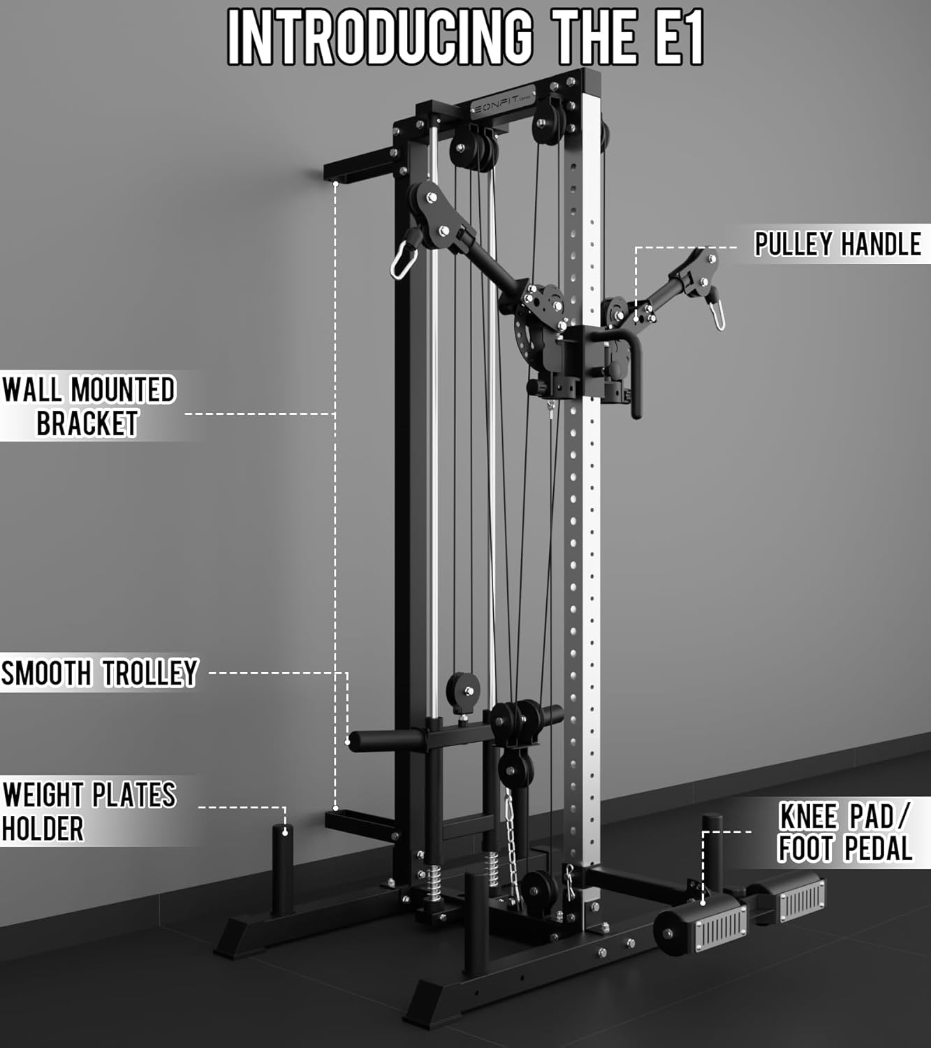 Eonfit Cable Machine for Home Gym, LAT Pulldown Cable Crossover Machine Workout Station Pulley System Tower with Leg Holder, LAT Bar, Foot Board Accessories