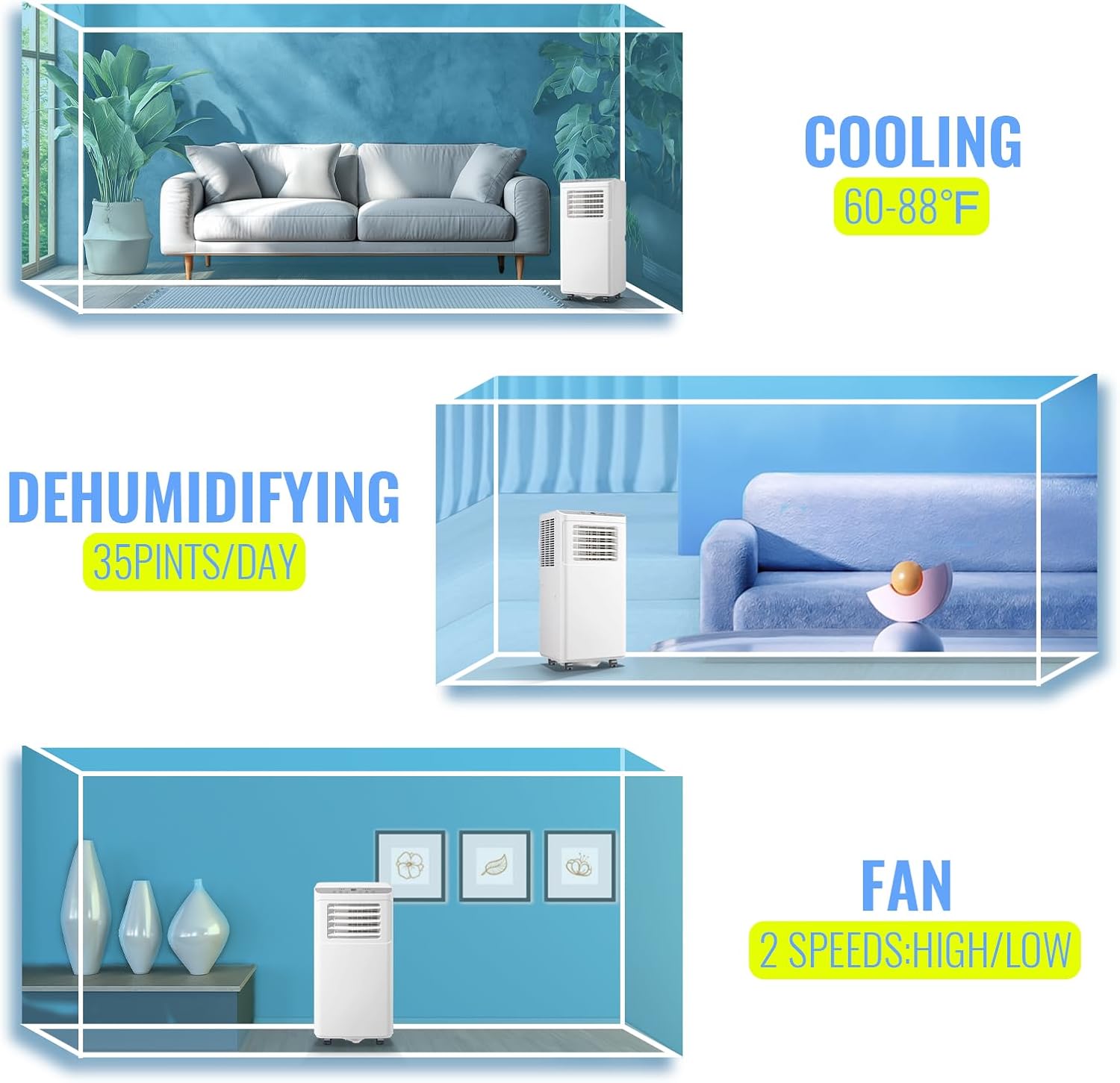 8000 BTU Portable Air Conditioner 3 In 1 AC Unit with Remote Control Dehumidifier, Fan Mode Suit for Room up to 250 Sq. ft White