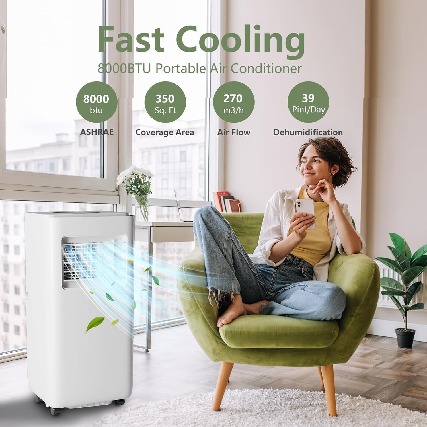 8000BTU Portable Air Conditioner, 3-in-1 Remote Control AC with 24-Hour Timer, Cools Up to 350 Sq. Ft. Inside Air Conditioner with Sleep Mode, Window Kit
