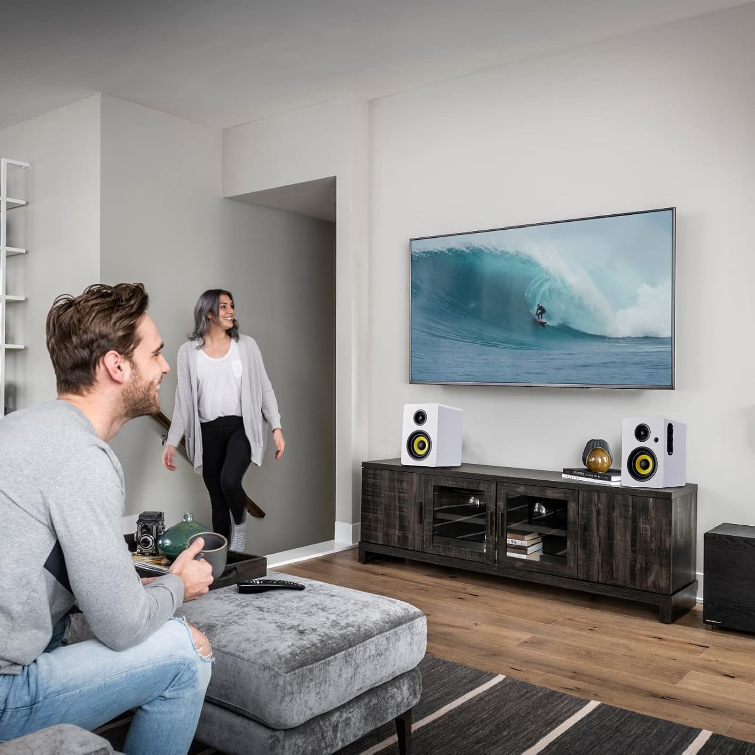 Sanyun SW206 4” HiFi Bookshelf Speakers with Studio Mode, 80W Active, Bluetooth 5.4/Optical/Coaxial/TRS/Aux/24bit DAC USB, for Turntable TV PC Desktop, MDF Cabinet, Remote Control, White