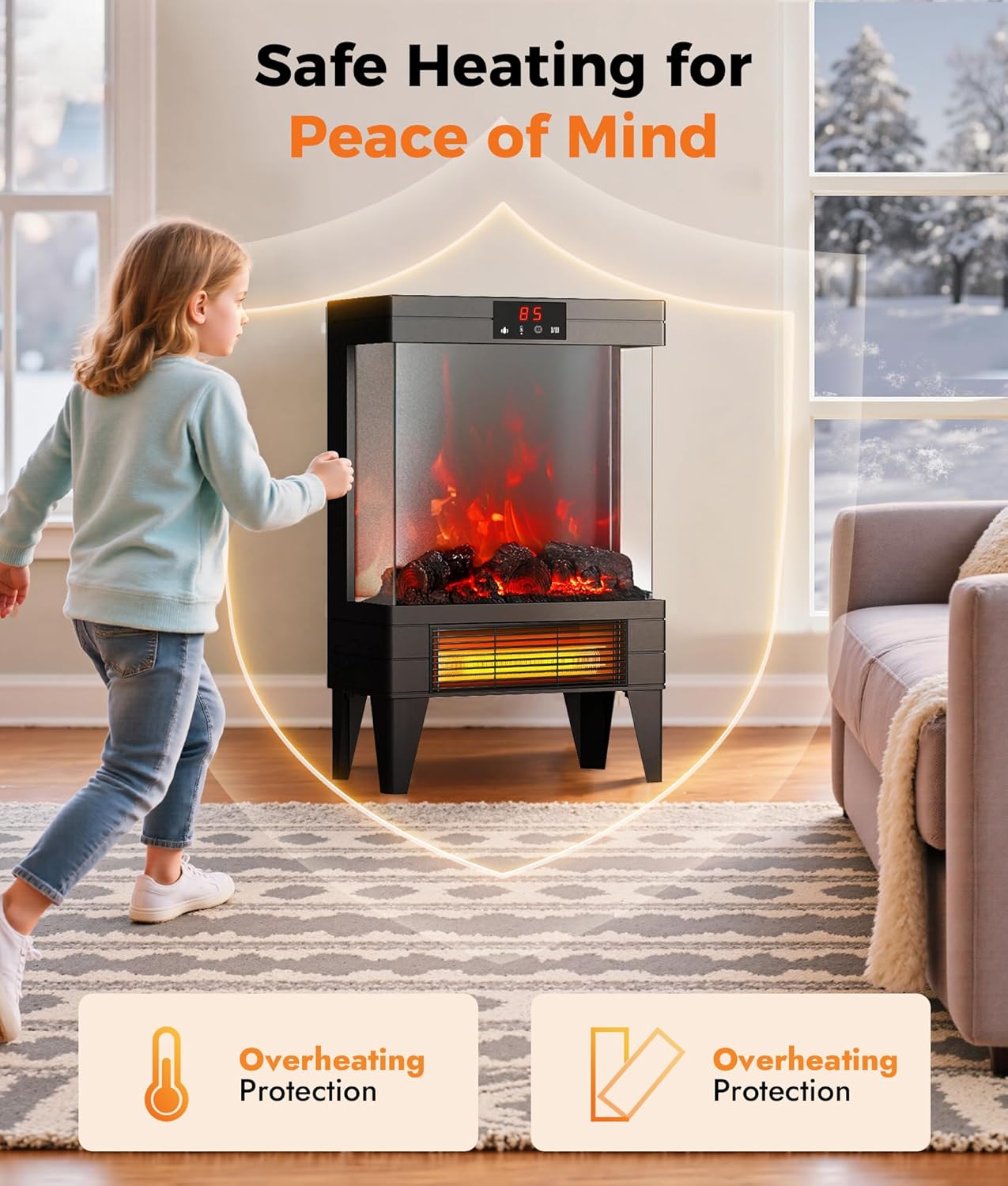 Electric Fireplace Stove Heater - Freestanding Fireplace Heater for Indoor Use with Realistic 3D Flame, Adjustable Thermostat & Remote, Quiet, Timer for Living Room and Bedroom