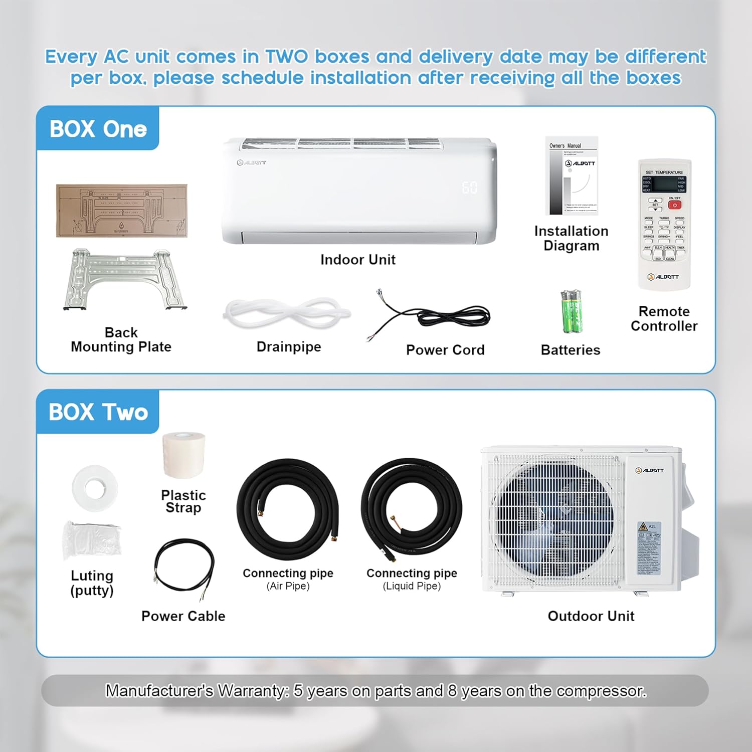 Albott Mini Split Air Conditioner Heat Pump, 9100 BTU, 20.5 SEER2, 115V Wall AC Unit with Remote Control, Cools & Heats Rooms up to 450 Sq.Ft, Includes 14.8ft Installation Kit