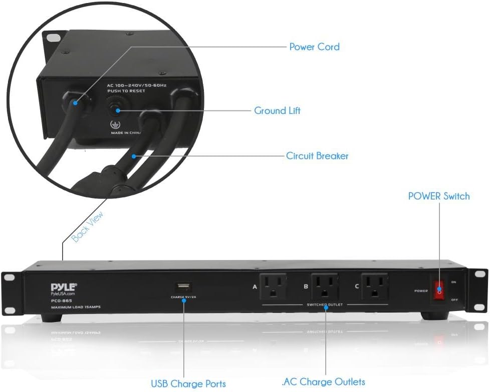 Pyle 19-Outlet 1U Rackmount PDU Power Distribution Unit - 15 Amp Surge Protector - USB Charging Port - Ground Lift - Circuit Breaker - 15FT Cord - 3 Front AC Outlets - 16 Rear Power Cables - PCO860