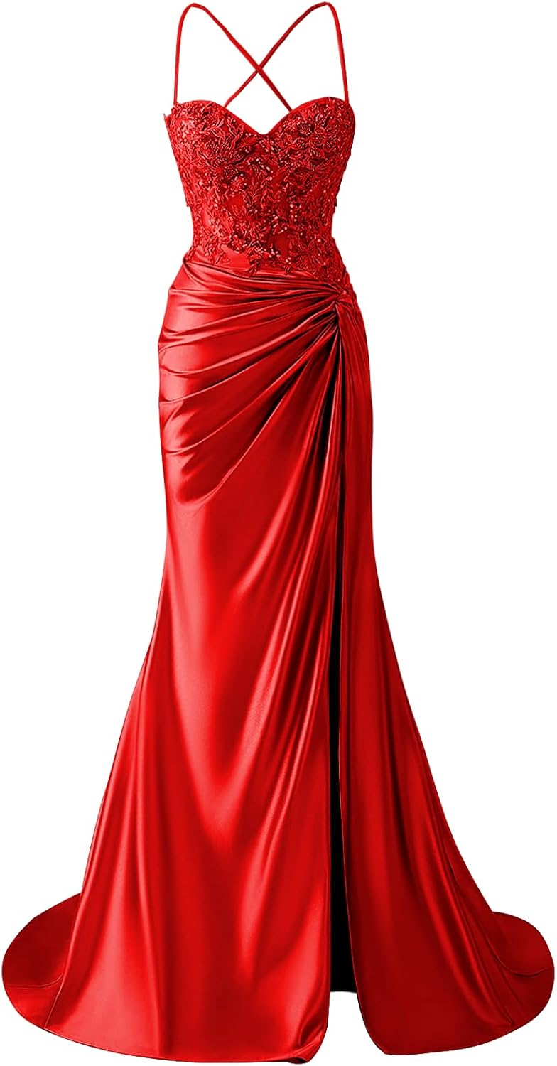 BOLENSYE Corset Prom Dresses Long Satin Lace Appliques Ball Gowns Mermaid Evening Dress with Slit