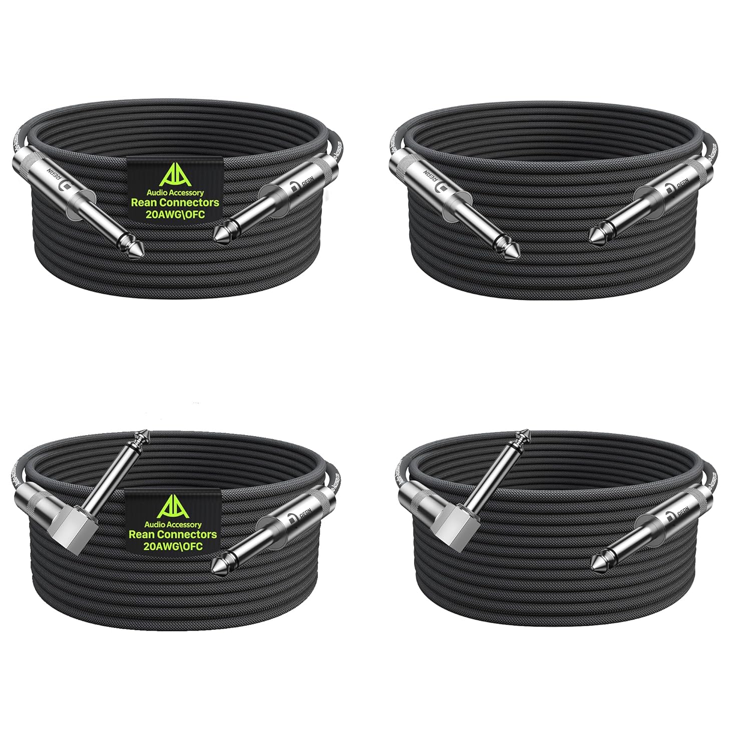 Guitar Cable 20ft 4 Pack (2*Straight & 2*Right Angle), Neutrik REAN Connectors, Kevlar-Reinforced Nylon Braided Cable, No Noise for Electric Guitar Bass AMP