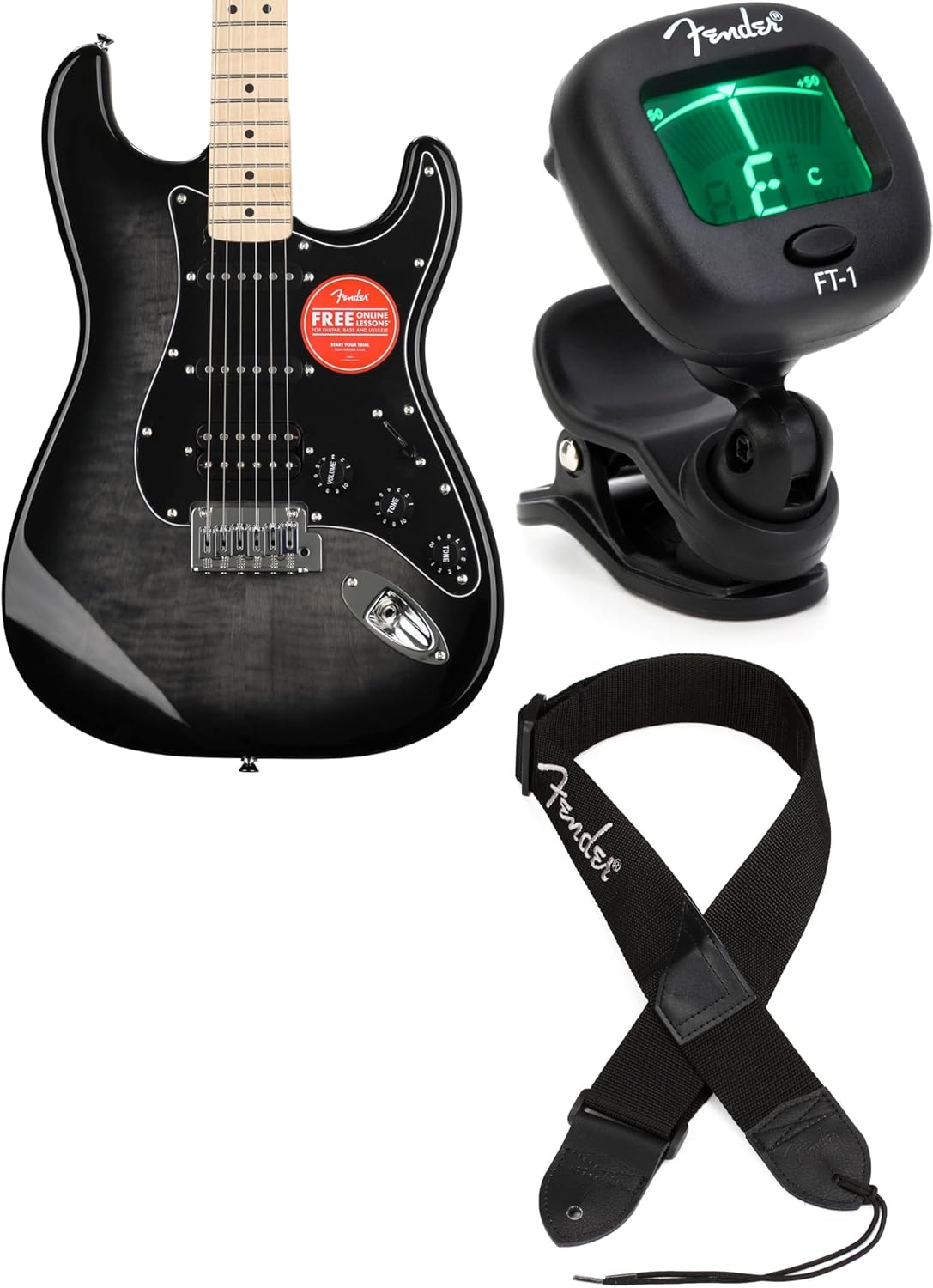 Fender Squier Affinity Series Stratocaster FMT HSS Electric Guitar - Black Burst Finish, Maple Fingerboard, Ideal for Beginners and Intermediate Players, Includes Tuner, Strap, and Vibrant Sound