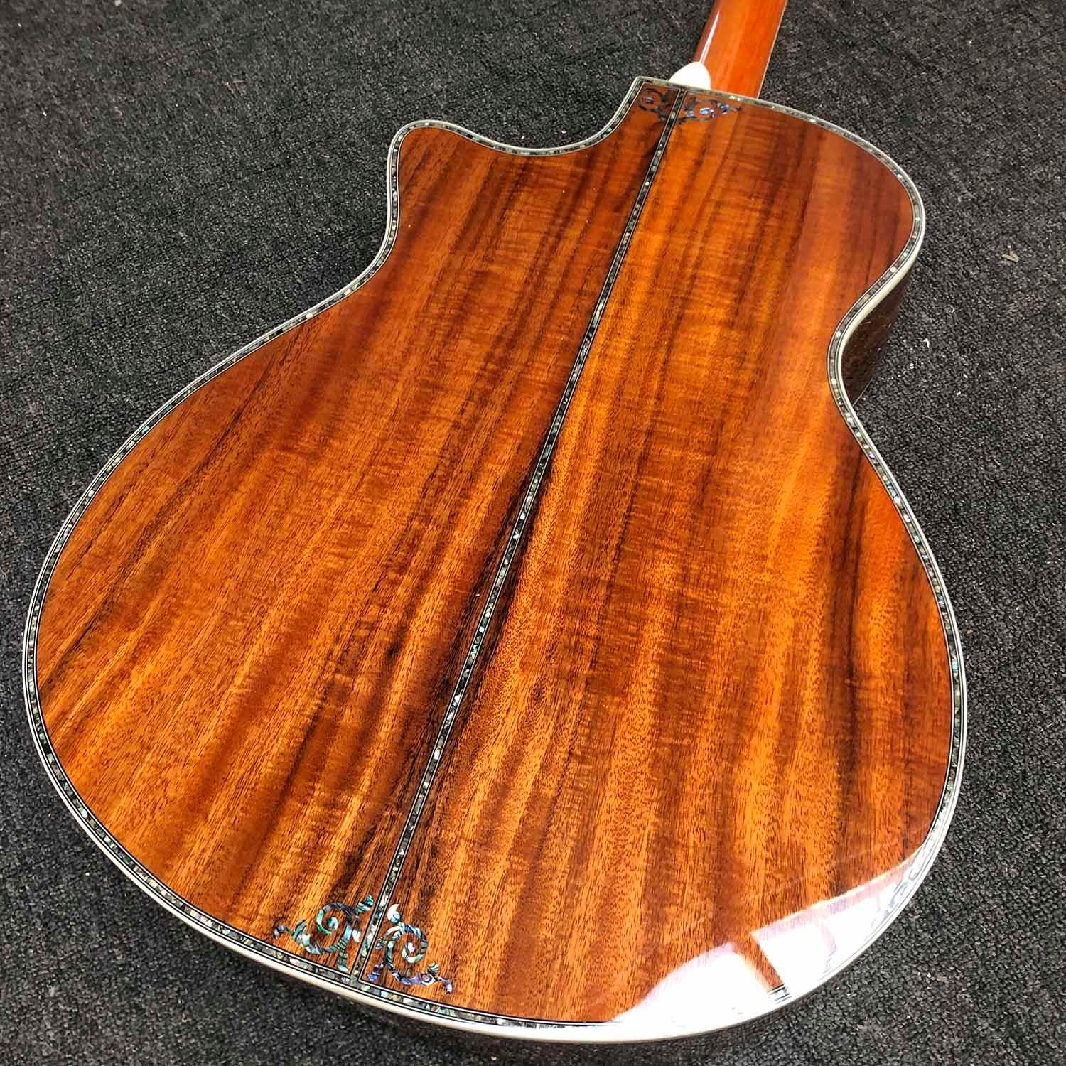 40 Inch OM Type Solid KOA Wood Top Cutaway Acoustic Guitar Ebony Fingerboard Abalone Inlays 43mm Nut Width and Hardcase