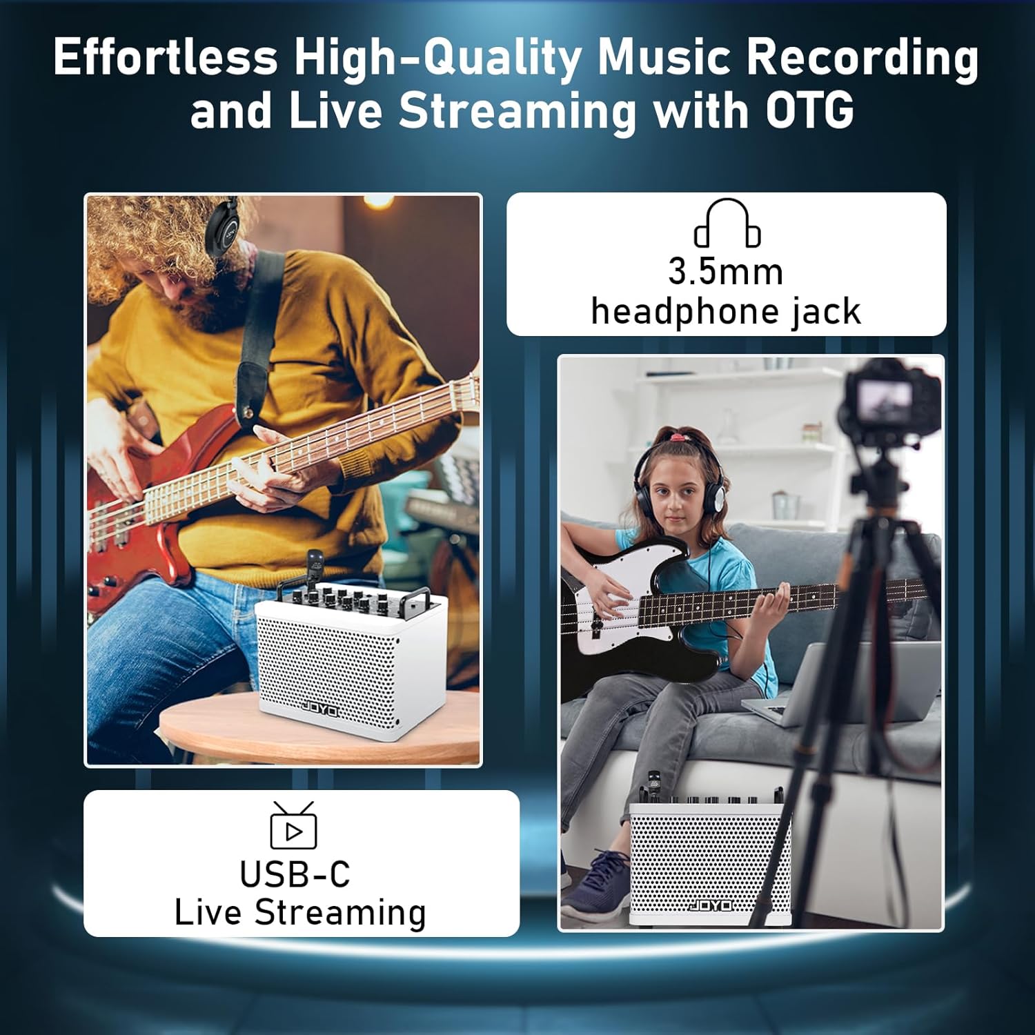 JOYO DC-15B Digital Guitar Combo Amp with Built-in Effects & Drum Machine CM-04 15ft Premium Noise-Free Cable Bundle,15W Portable Amp, 8 Amp Voicings, Bluetooth