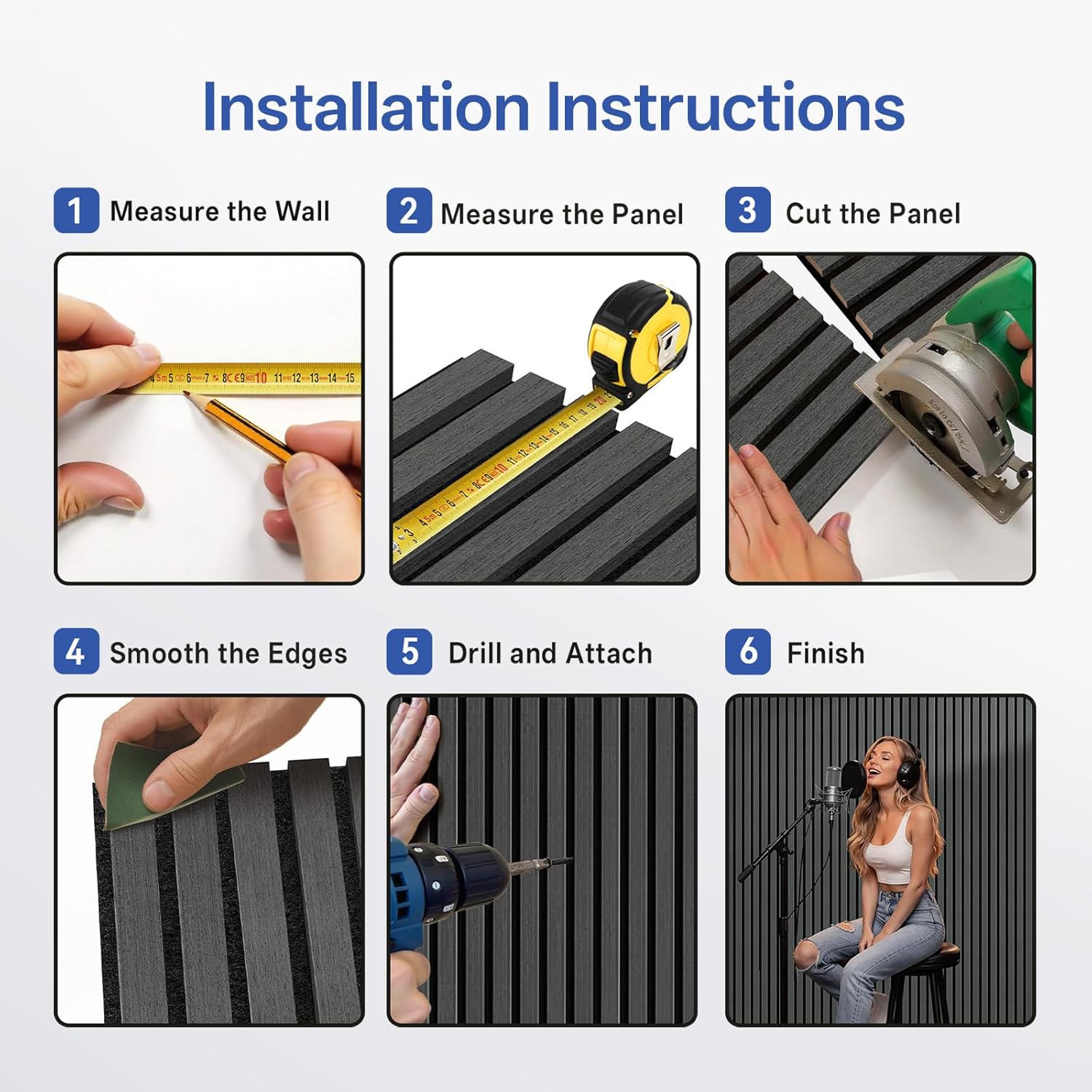 PIWA 9+12mm Wood Acoustic Panels,47.2 x 23.6 in,4-Pack–12mm MDF Surface with 9mm Sound-Absorbing Core – Modular Acoustic Wall Panels for Echo Reduction in Home Studio, Office & Gaming Room-Matte Black